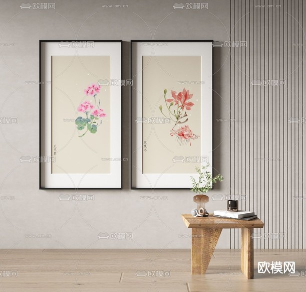 中式挂画 花卉装饰画3d模型下载