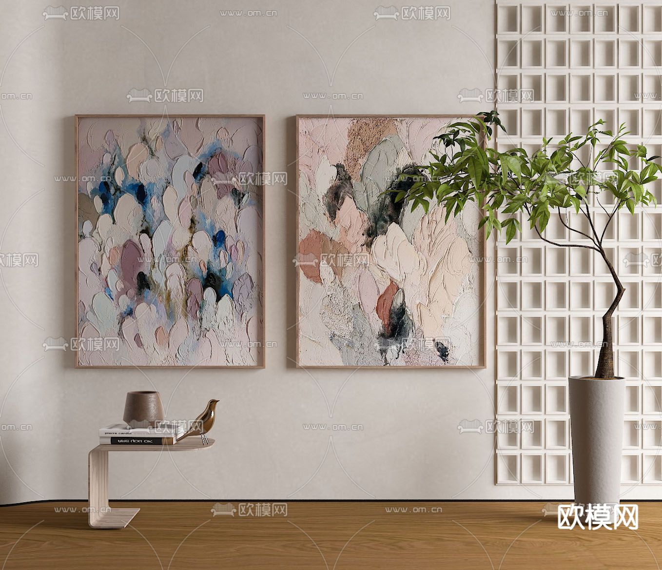 侘寂风抽象装饰画su模型下载（渲染图1）