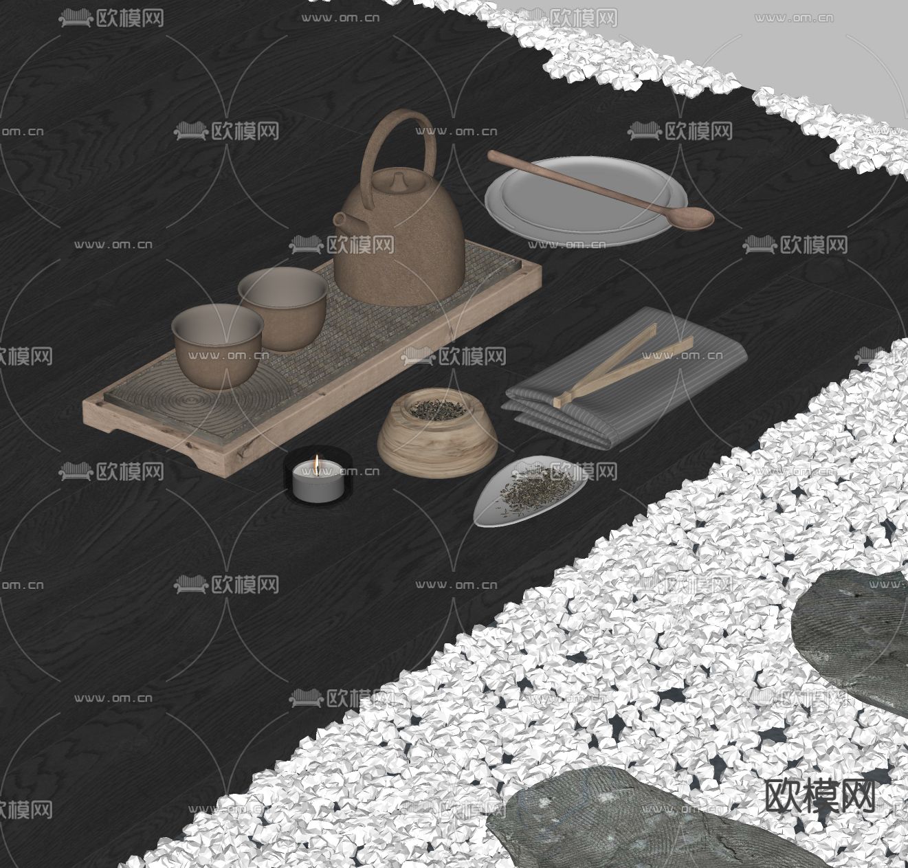 现代茶具茶壶 茶杯 茶盘su模型下载（渲染图2）