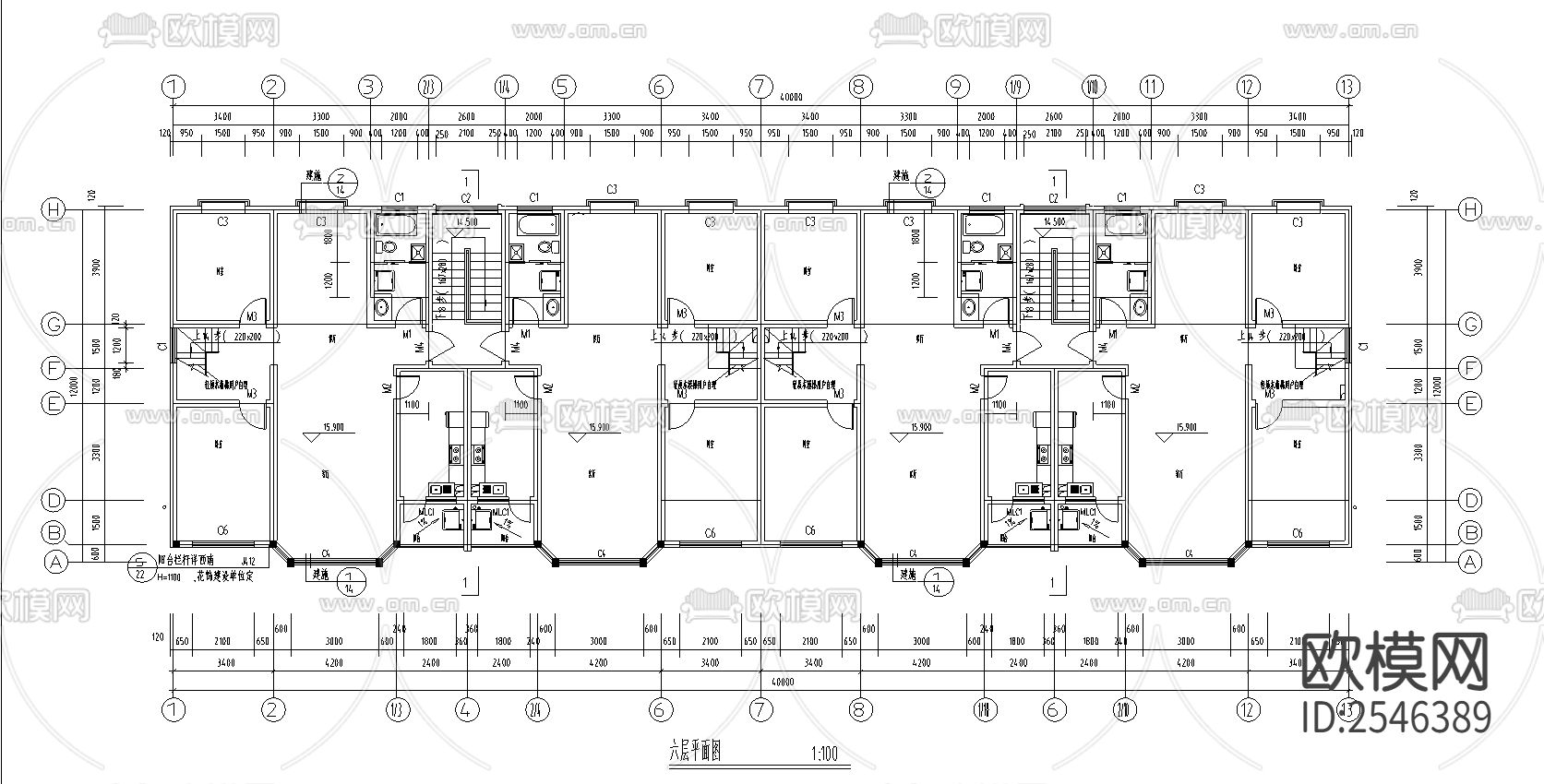 6层砖混结构商住楼设计cad施工图下载（渲染图1）