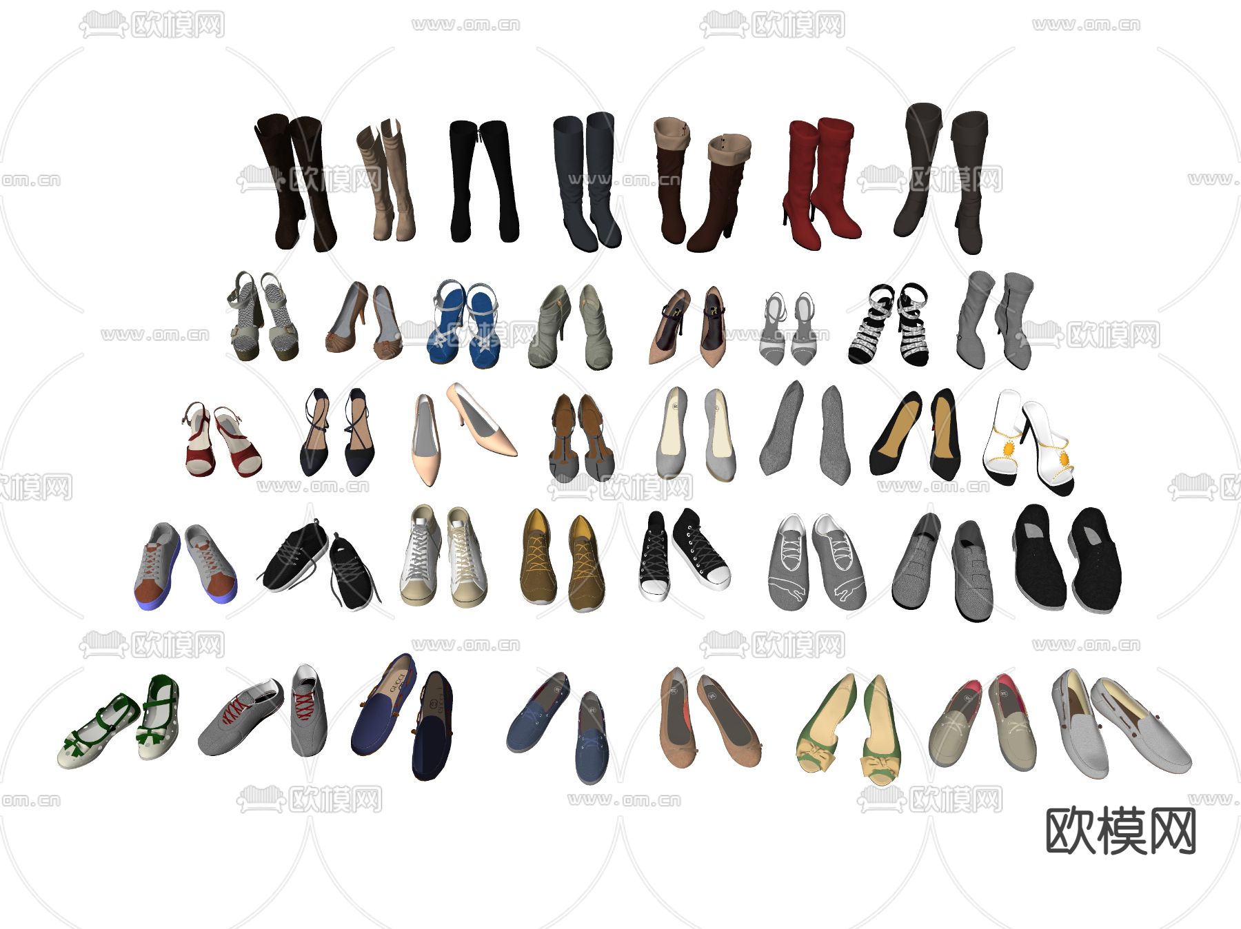 女士鞋子 高跟鞋 休闲鞋 皮鞋 高筒靴su模型下载（渲染图2）