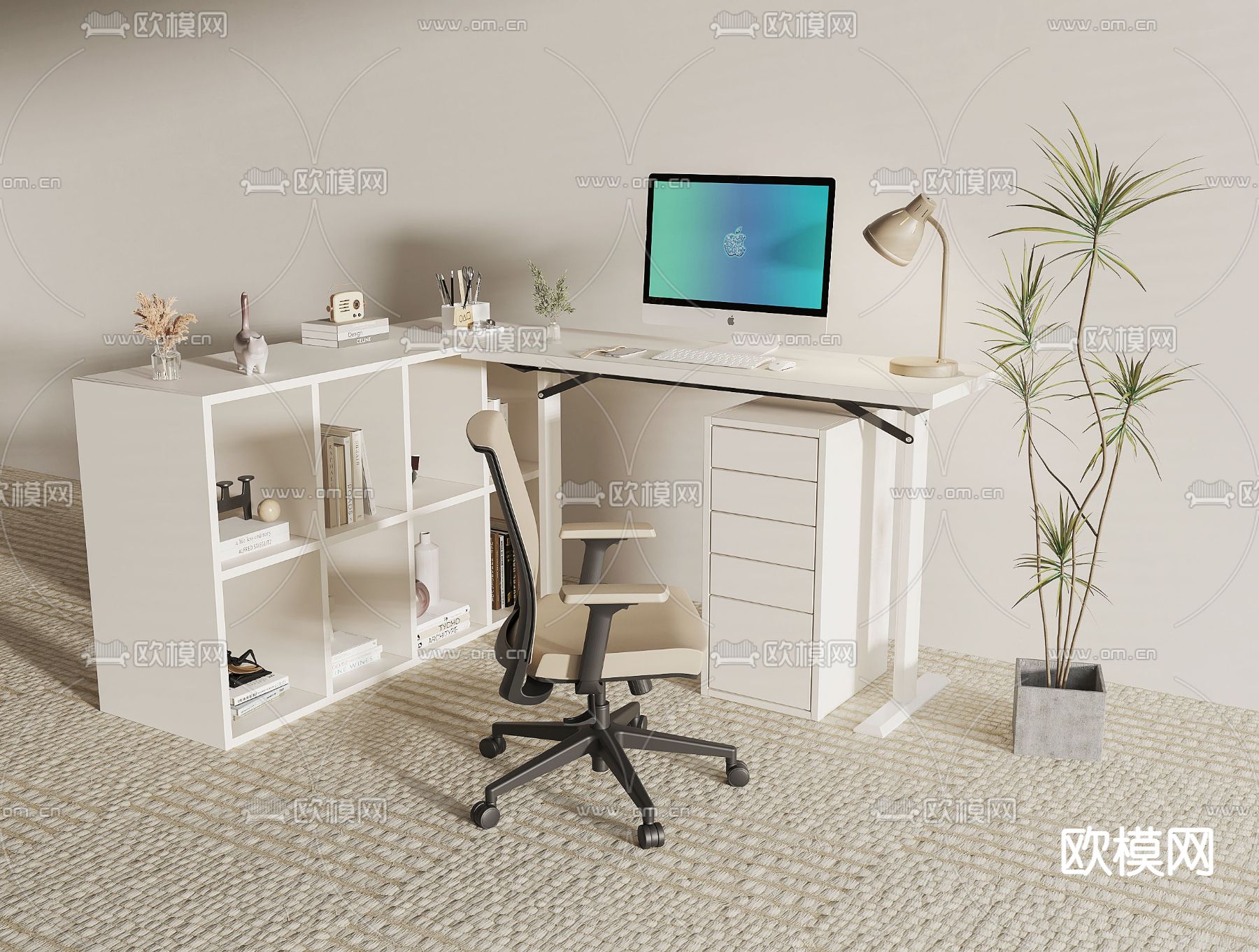 现代电脑桌书桌椅su模型下载（渲染图1）