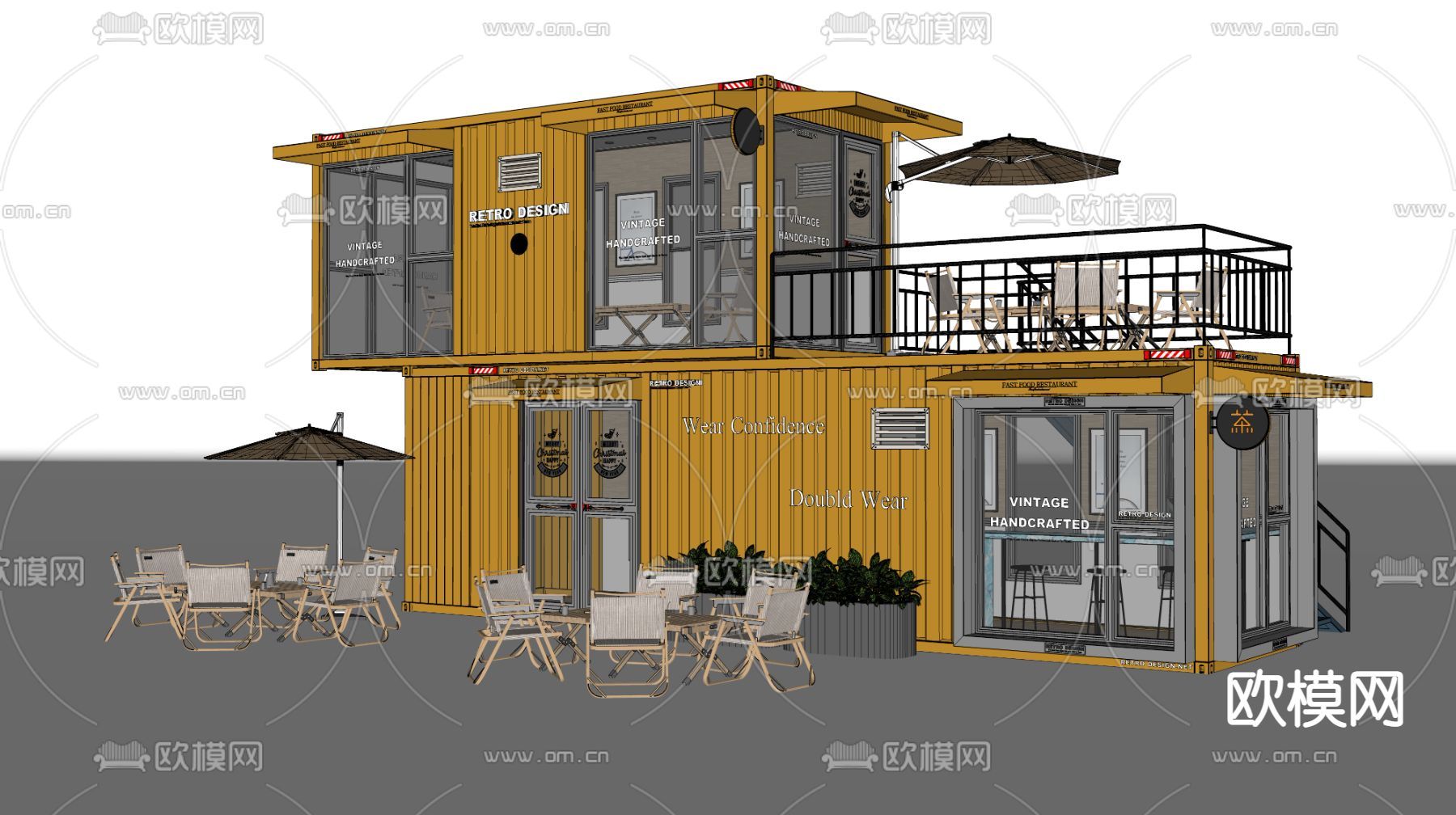 工业风集装箱咖啡厅su模型下载（渲染图2）