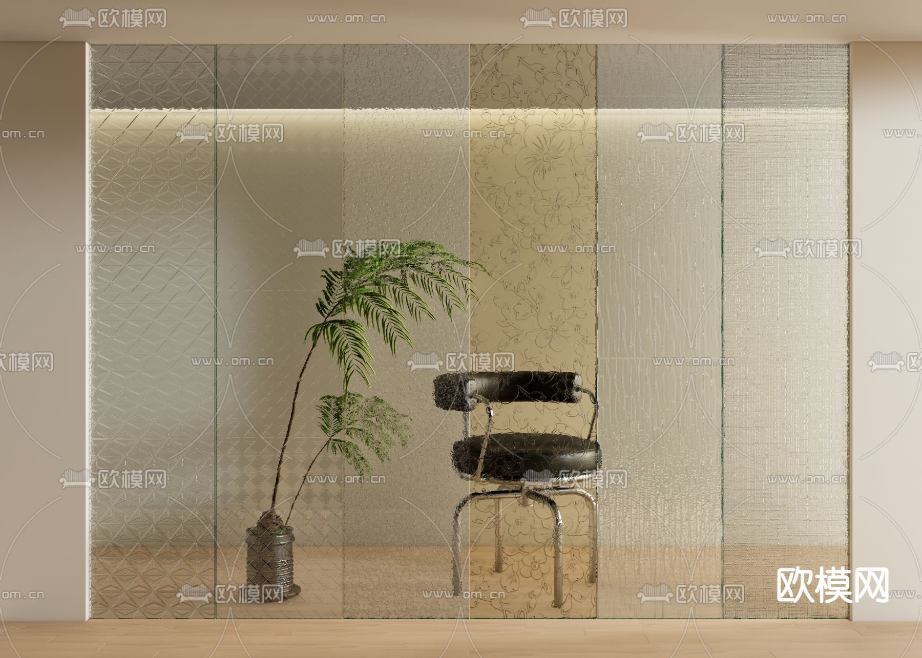 现代玻璃隔断 水纹玻璃su模型下载（渲染图1）