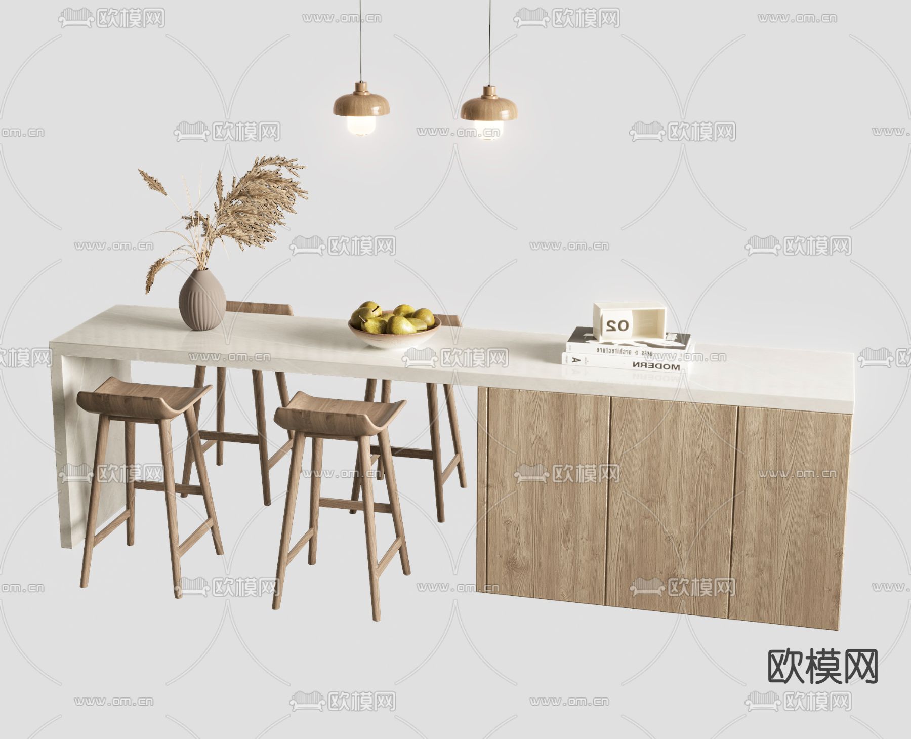 侘寂风中岛台 吧台su模型下载（渲染图1）