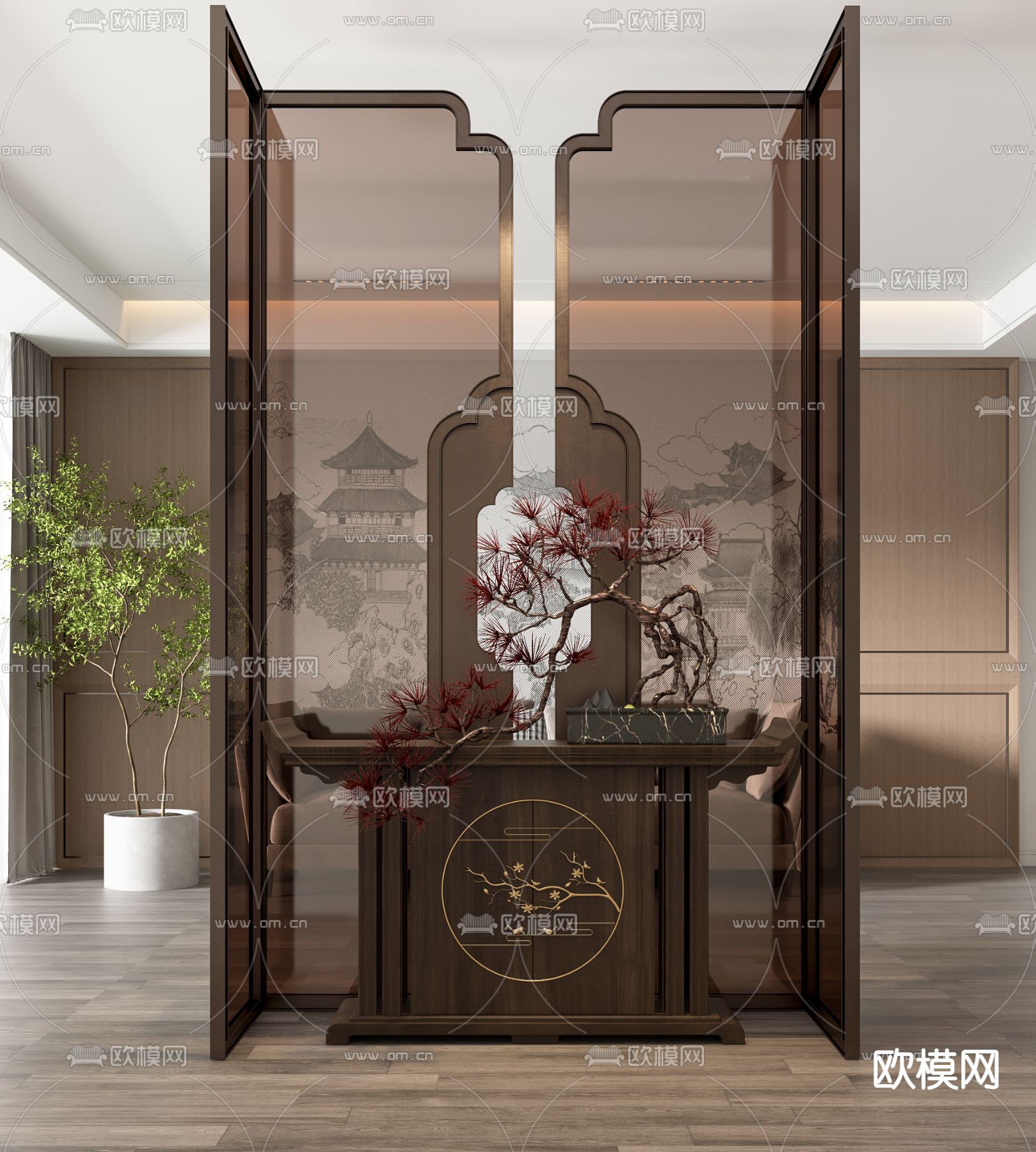 新中式端景台 条案3d模型下载