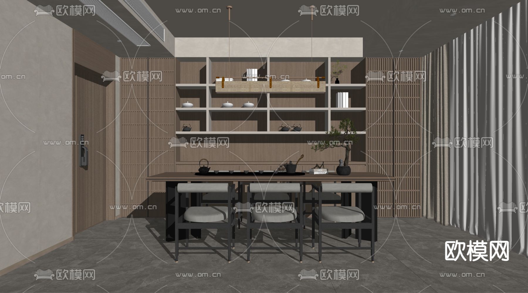 新中式茶室su模型下载（渲染图2）