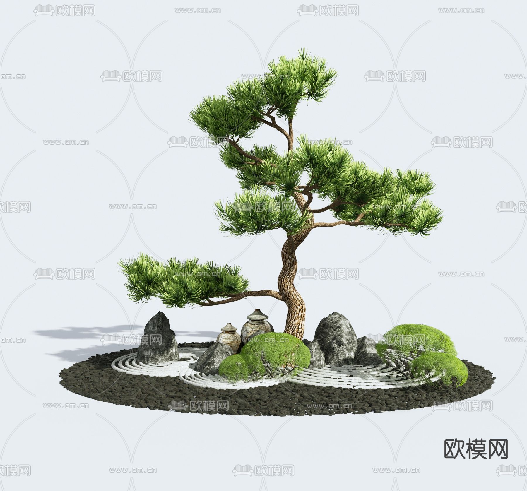 庭院景观 松树 假山 园艺小品3d模型下载_ID13055019_3dmax免费模型-欧模网