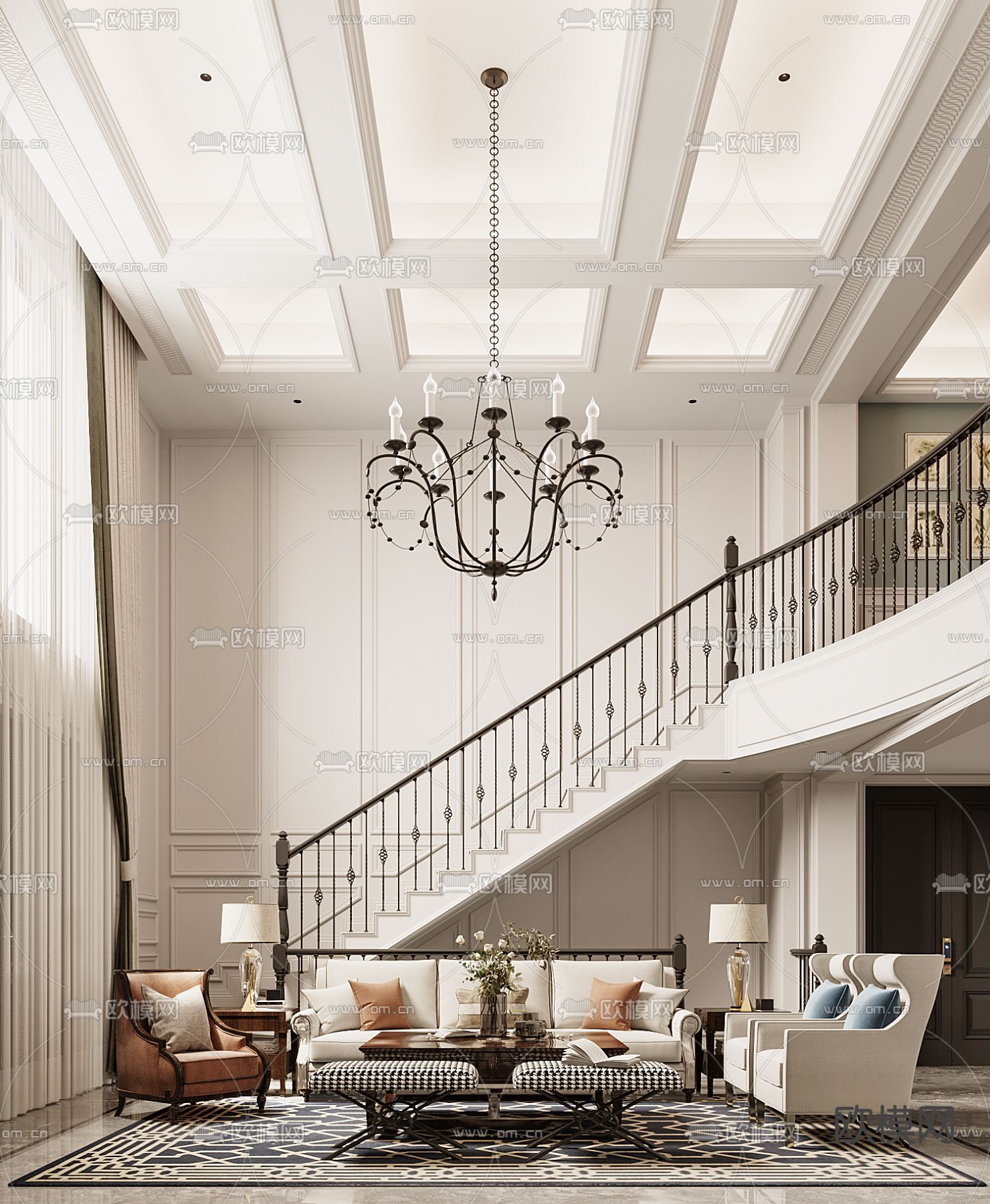 简欧客厅3d模型下载（渲染图1）