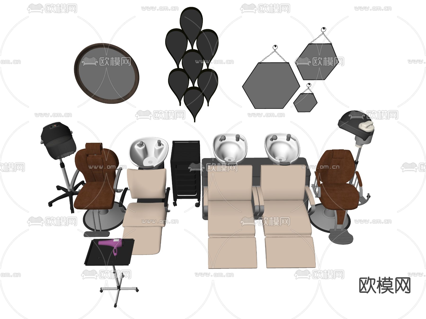 理发椅 洗头椅 烫发机su模型下载（渲染图2）