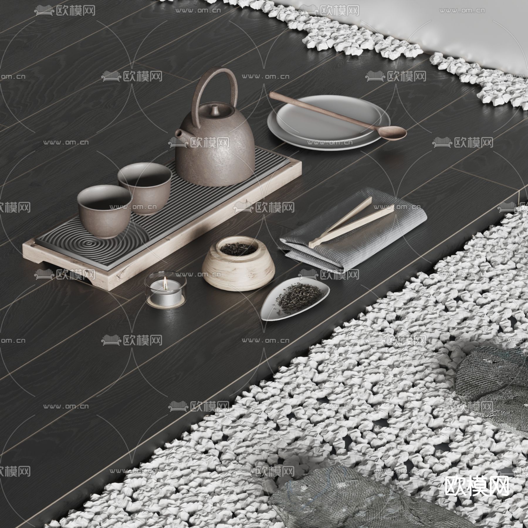 现代茶具茶壶 茶杯 茶盘su模型下载（渲染图1）