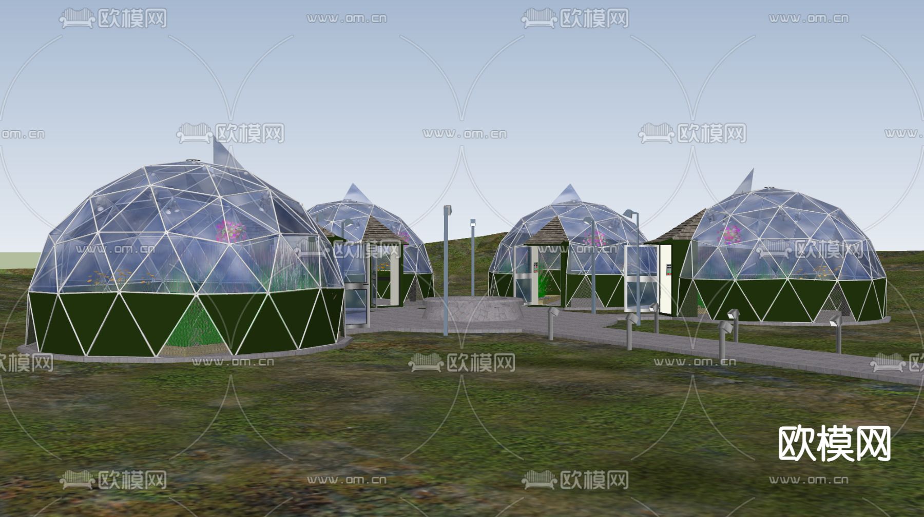 现代圆形玻璃房  玻璃花房su模型下载（渲染图2）