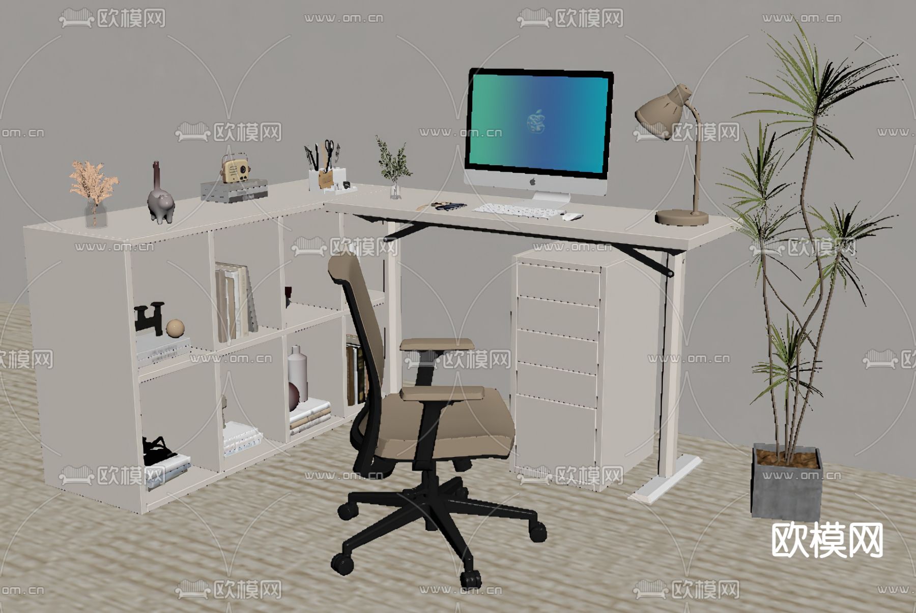 现代电脑桌书桌椅su模型下载（渲染图2）