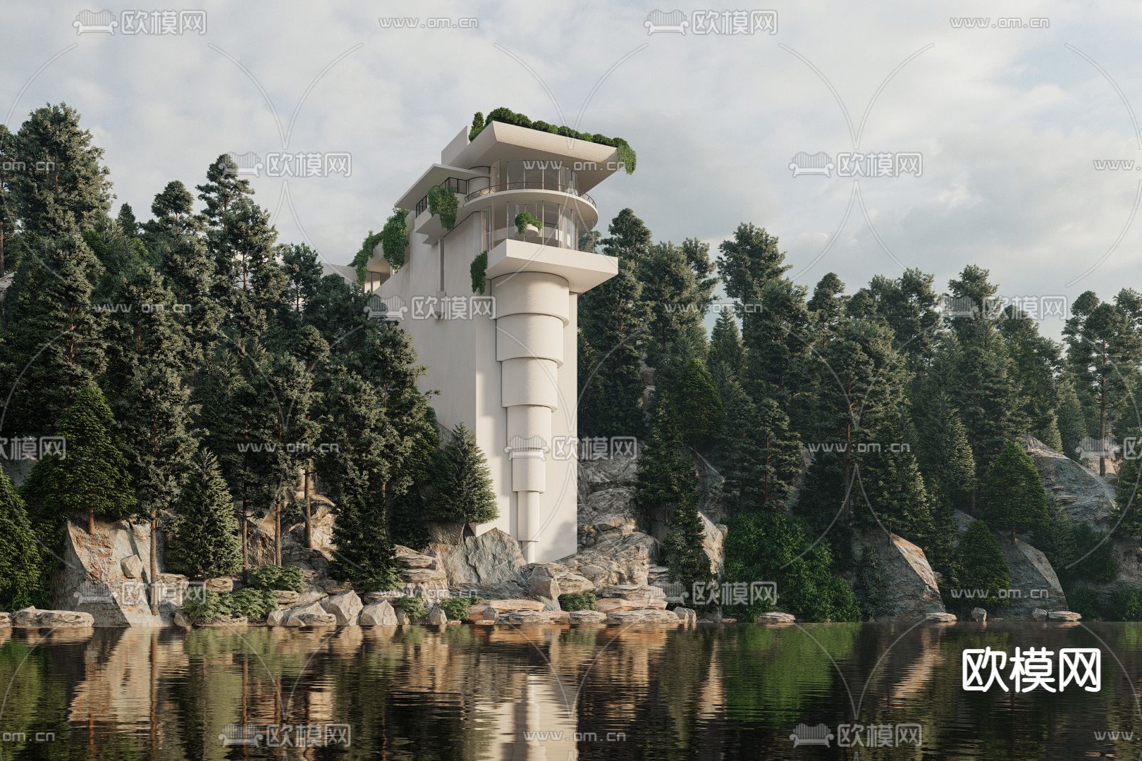 现代灯塔su模型下载（渲染图2）