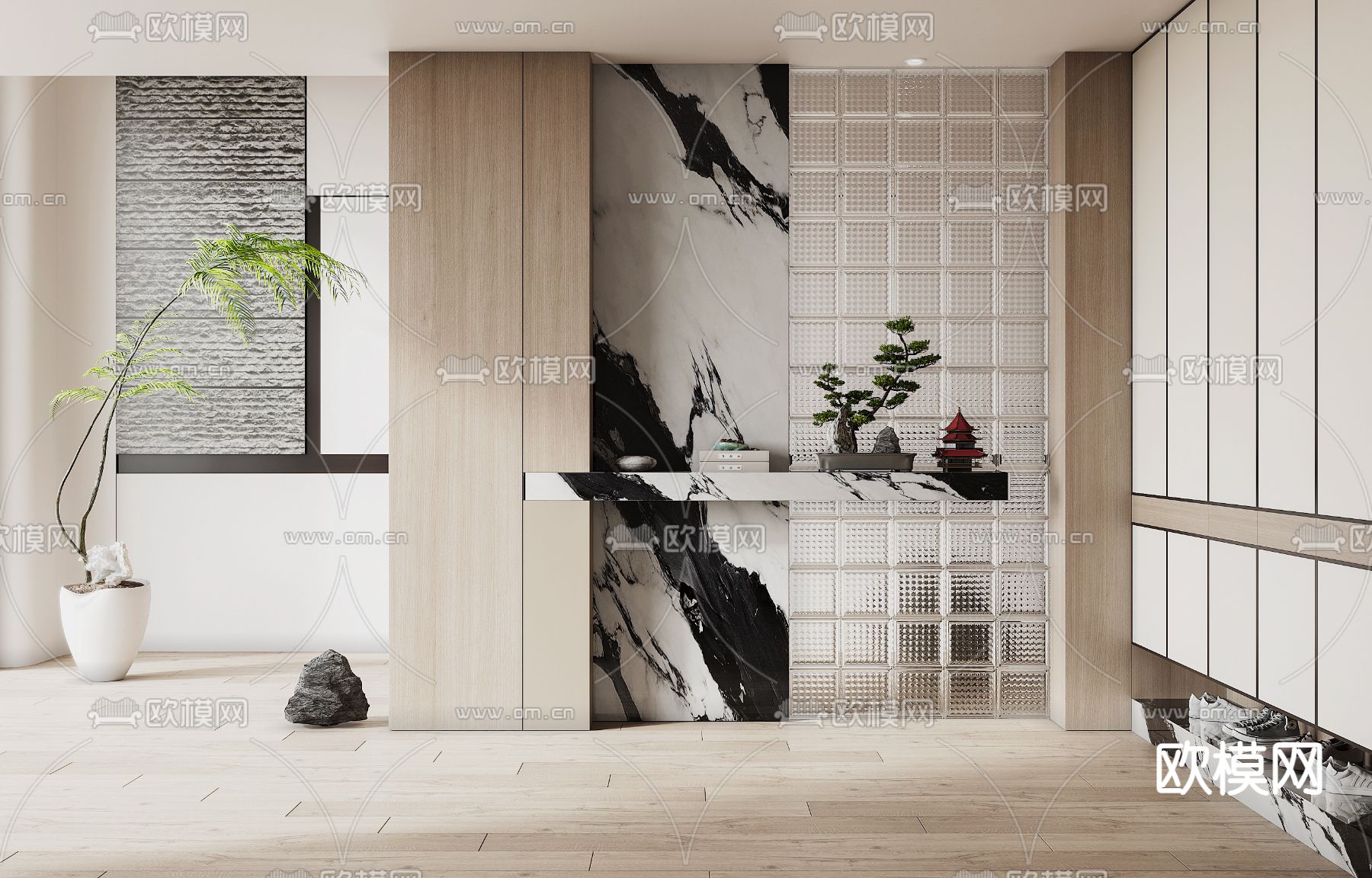 新中式门厅 玄关过道3d模型下载_ID13055311_3dmax免费模型-欧模网