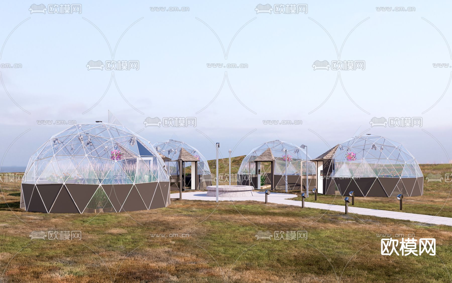 现代圆形玻璃房  玻璃花房su模型下载（渲染图1）