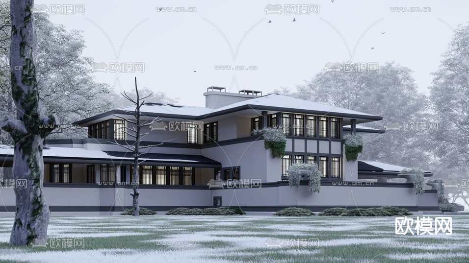 美式独栋别墅雪景su模型下载(渲染图3)