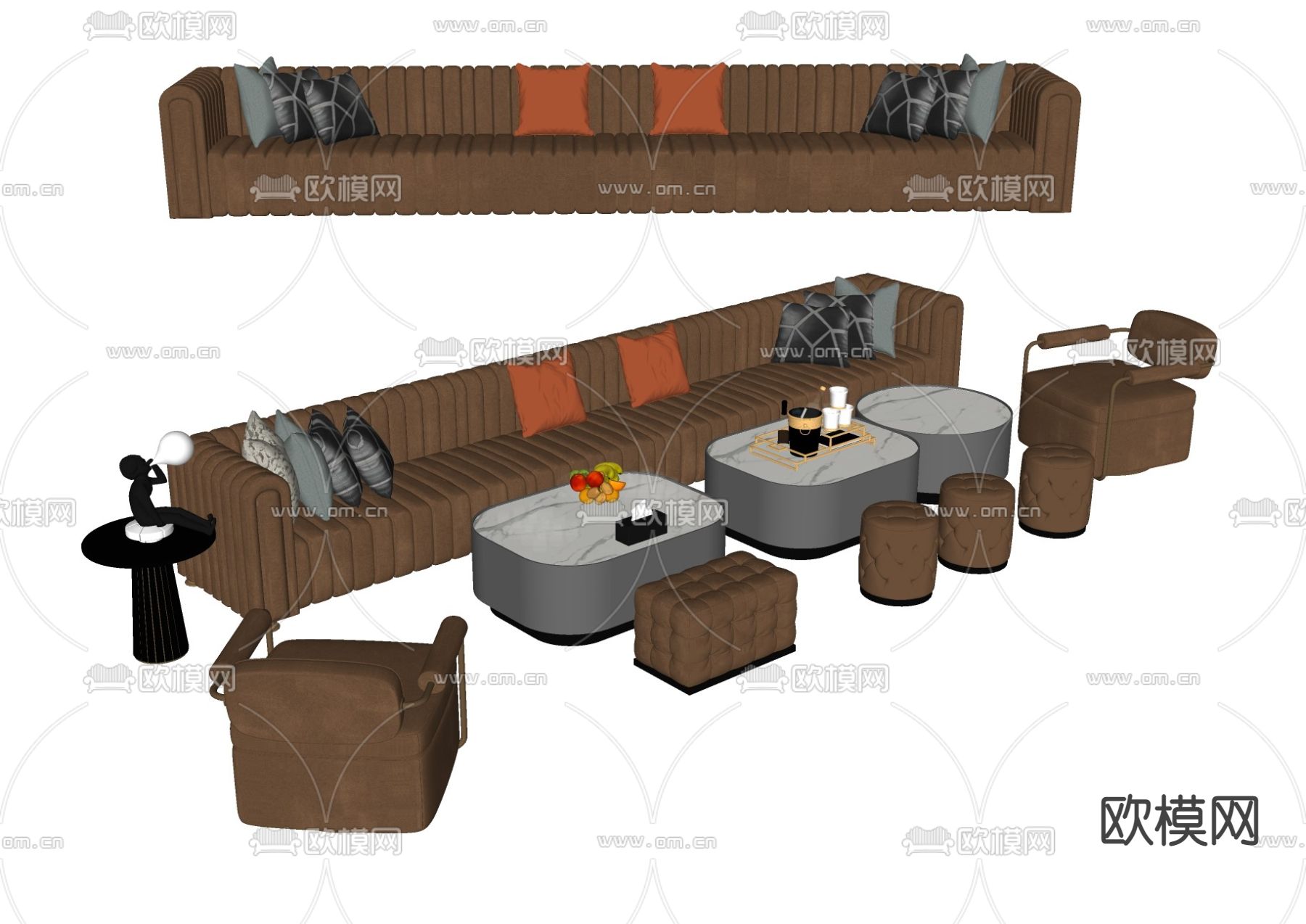 简欧多人沙发 沙发凳su模型下载（渲染图2）
