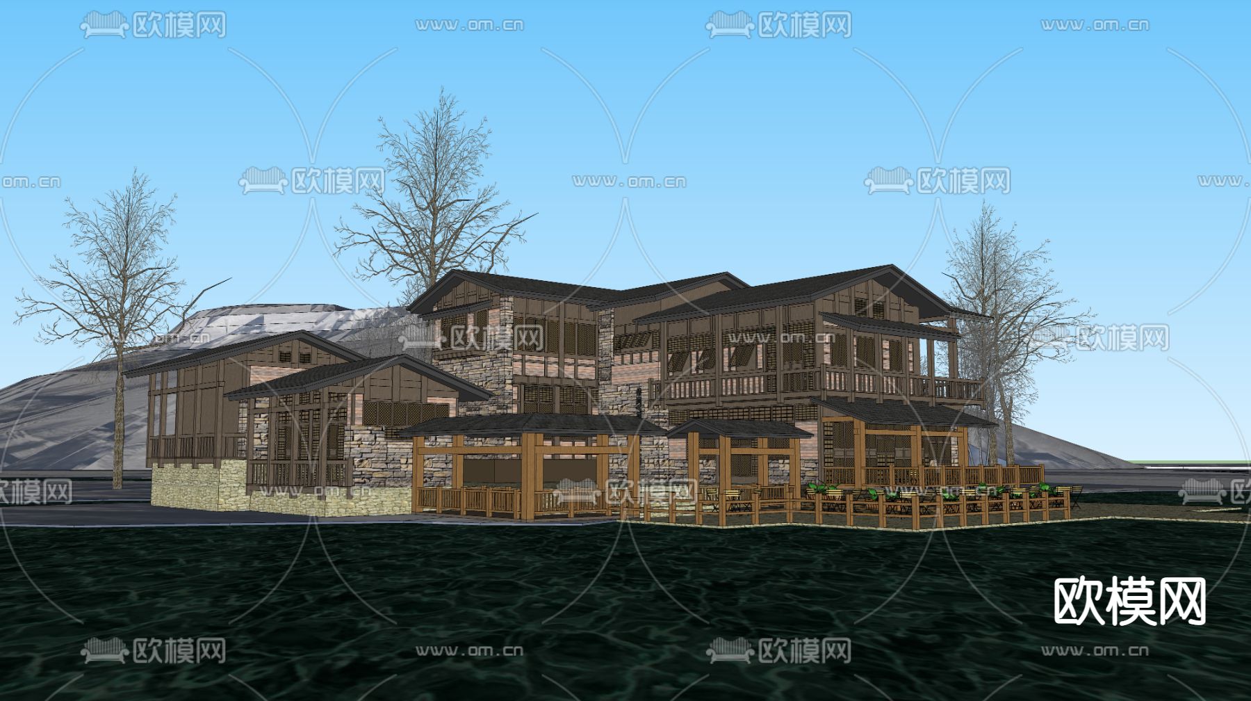 新中式古建筑 民房su模型下载（渲染图3）