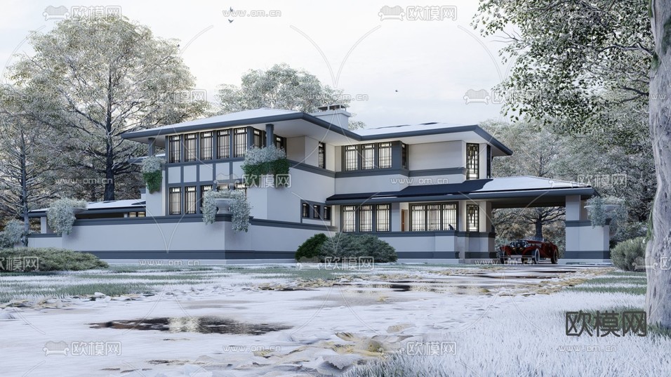 美式独栋别墅雪景su模型下载(渲染图2)