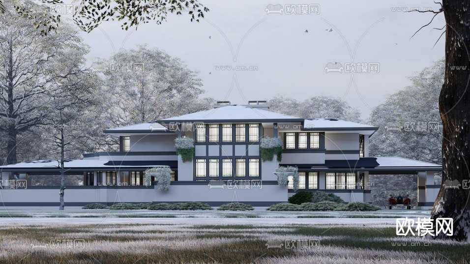 美式独栋别墅雪景su模型下载(渲染图1)