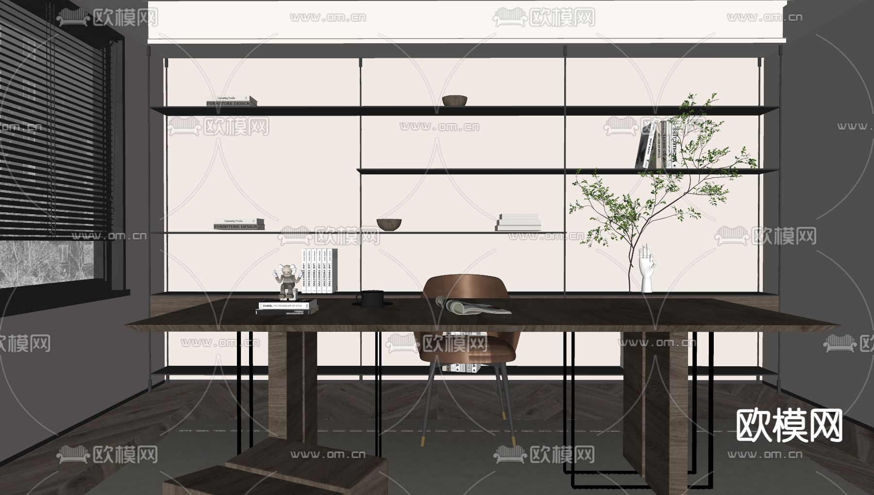 奶油风书房su模型下载（渲染图2）