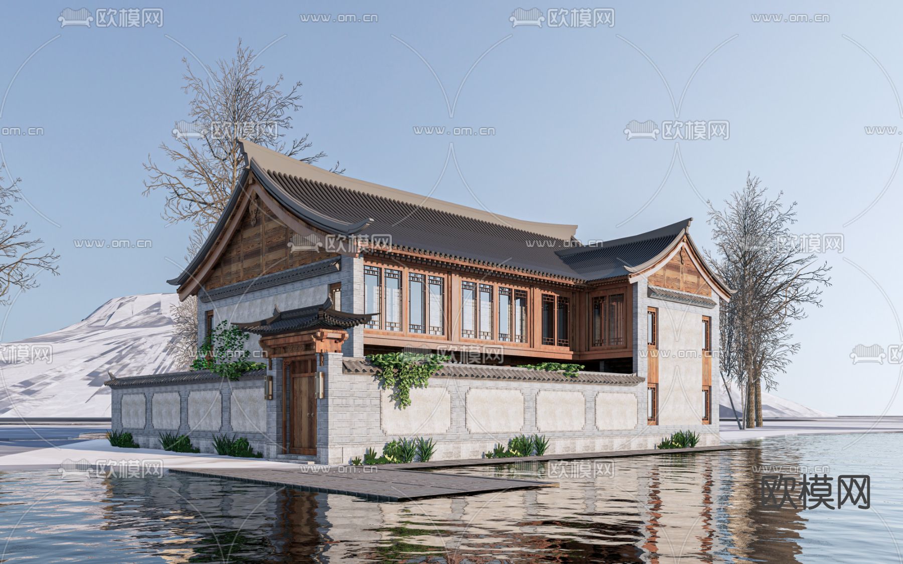 新中式民宿外观su模型下载（渲染图1）