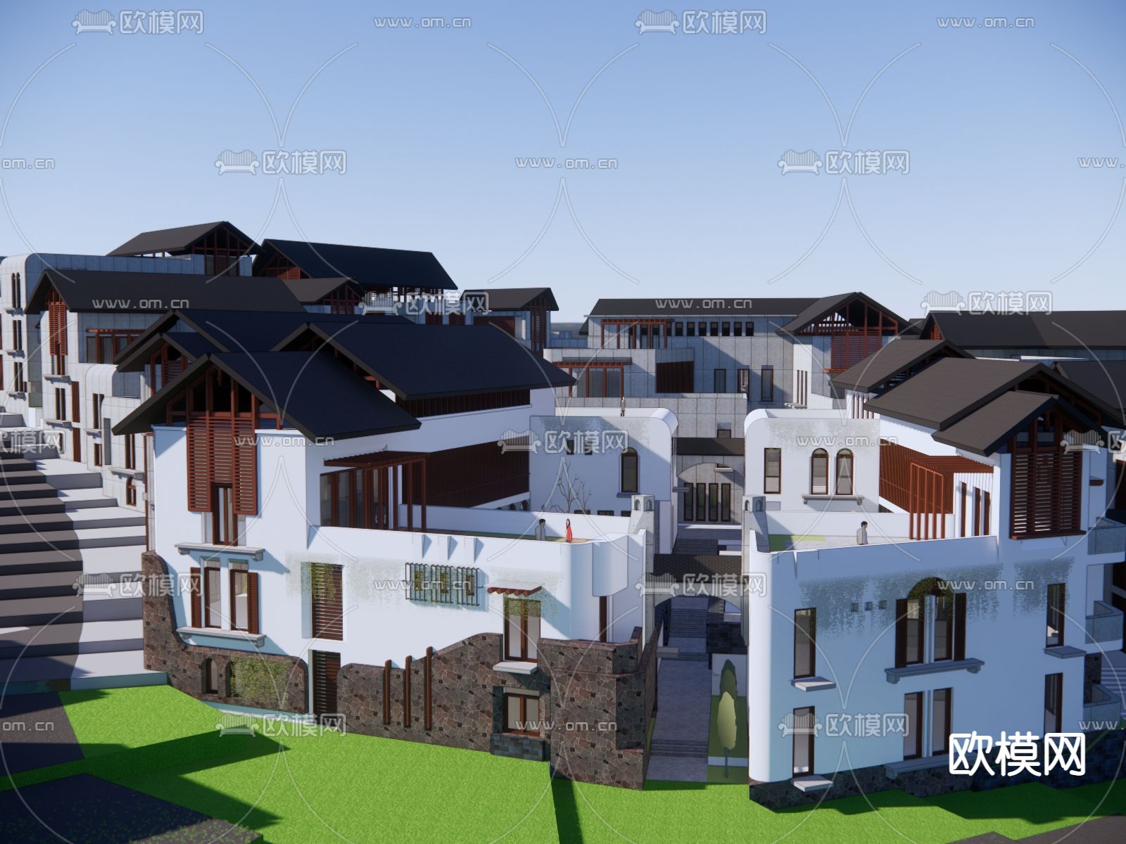 新中式建筑 度假村鸟瞰su模型下载（渲染图3）