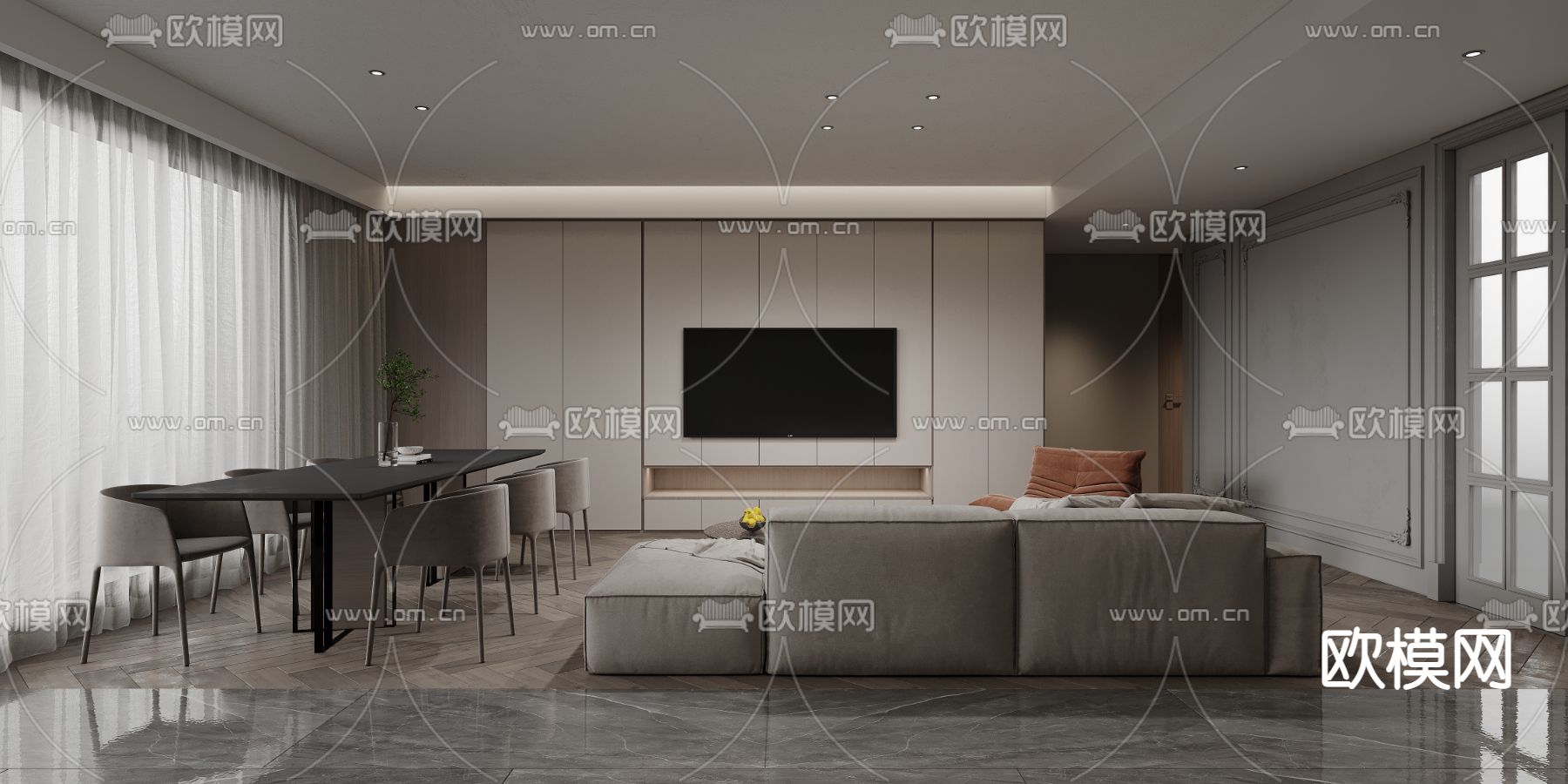 现代客餐厅免费3d模型下载（渲染图2）