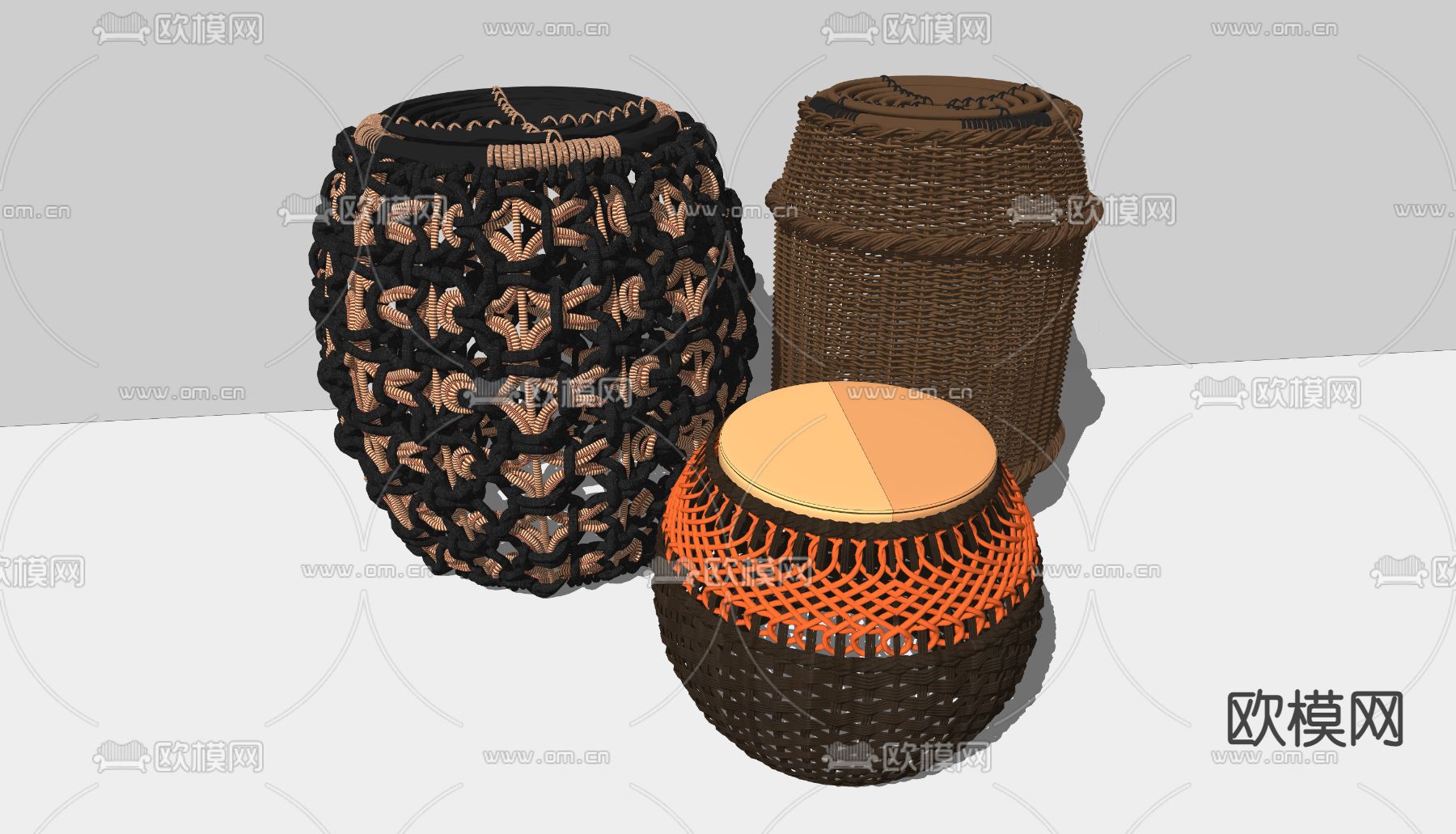 东南亚编织凳子 收纳篮su模型下载（渲染图2）