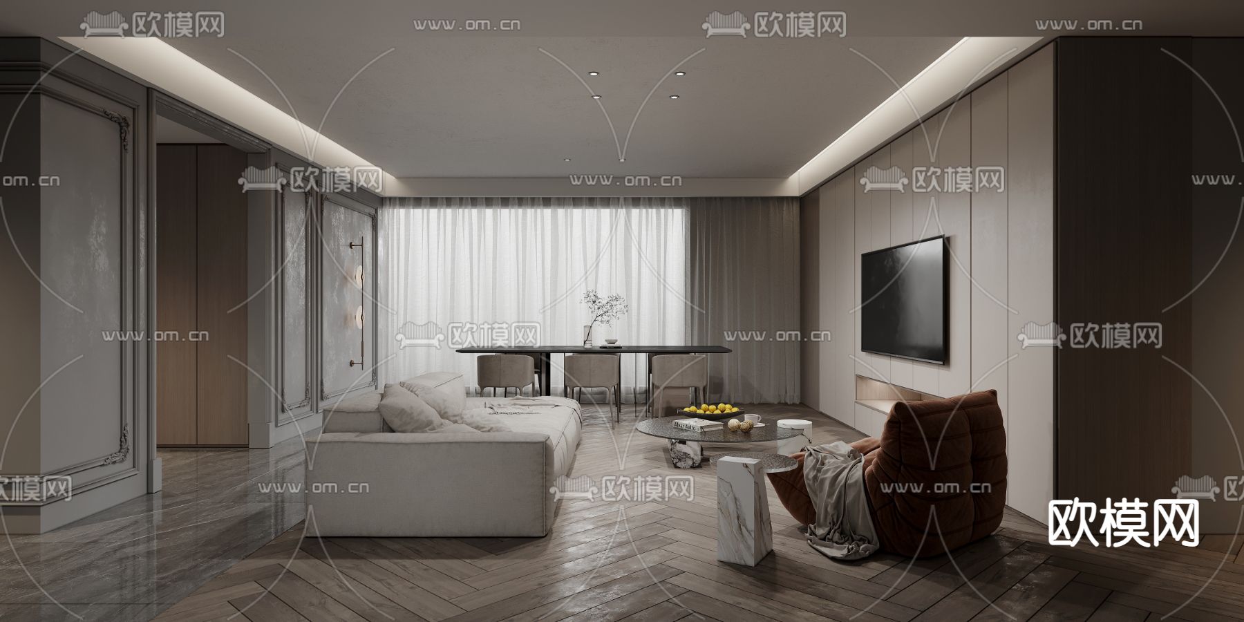 现代客餐厅免费3d模型下载（渲染图1）