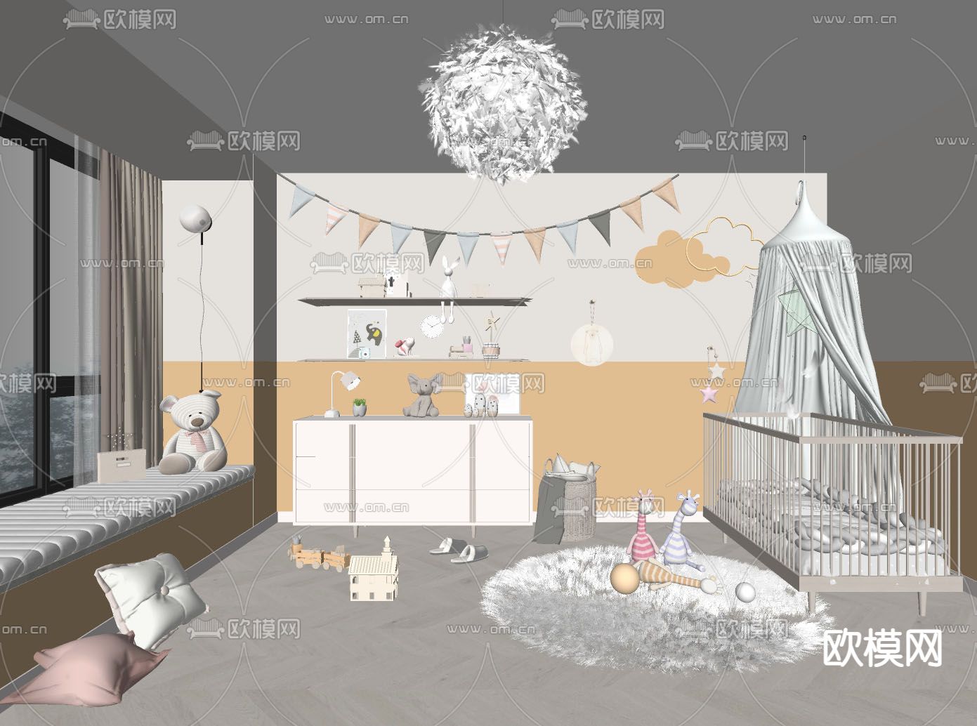 奶油风婴儿房 儿童房su模型下载（渲染图2）