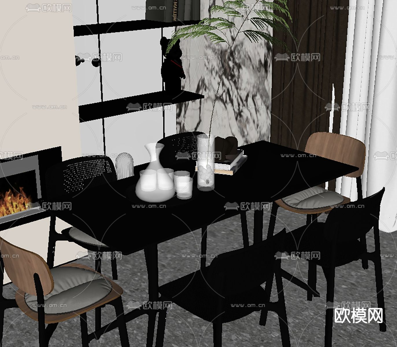 暗黑风餐桌椅su模型下载（渲染图2）