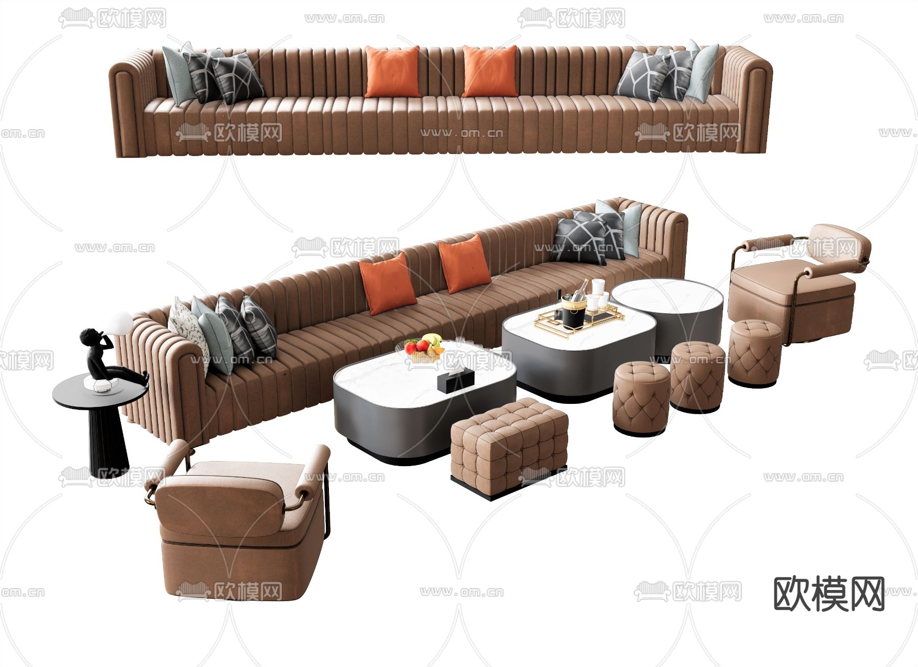简欧多人沙发 沙发凳su模型下载（渲染图1）