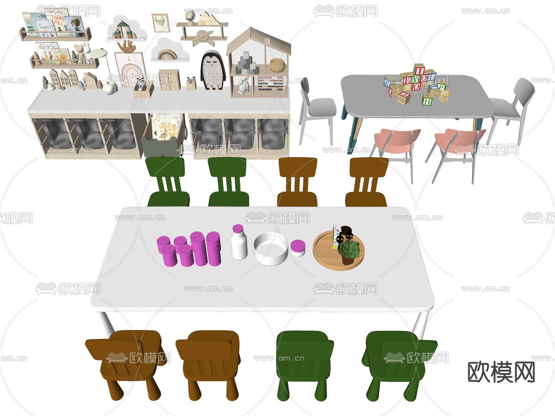 现代儿童柜 儿童桌椅su模型下载（渲染图2）