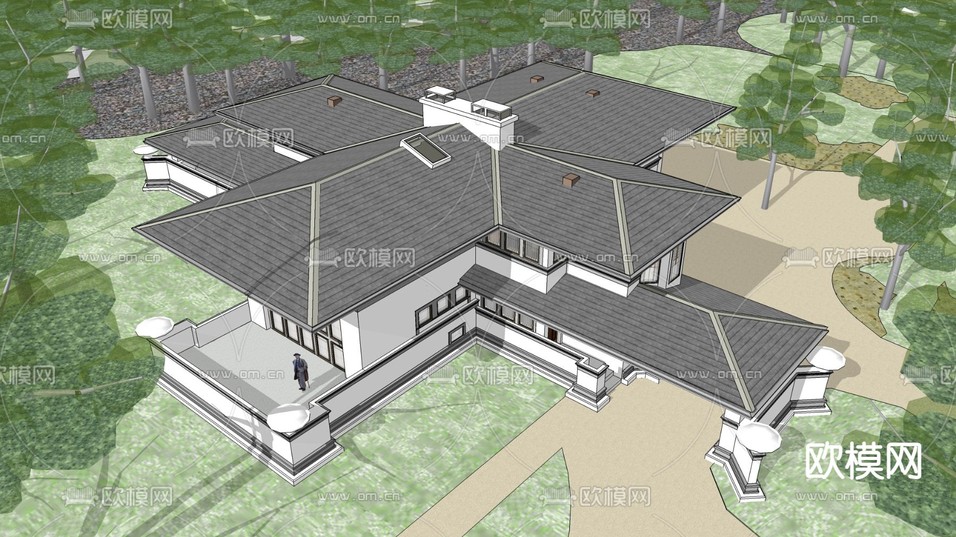 美式独栋别墅雪景su模型下载(渲染图4)