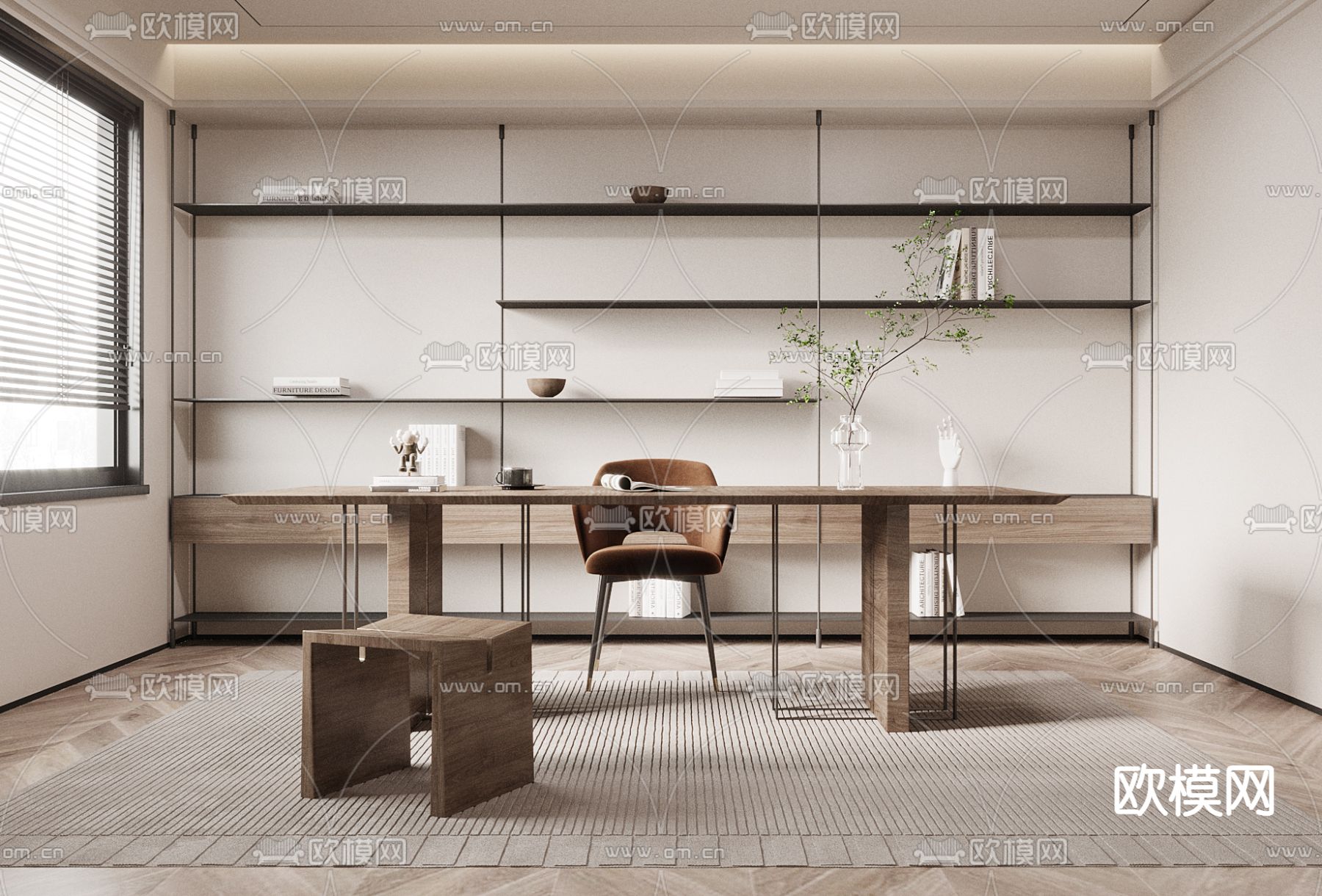奶油风书房su模型下载（渲染图1）