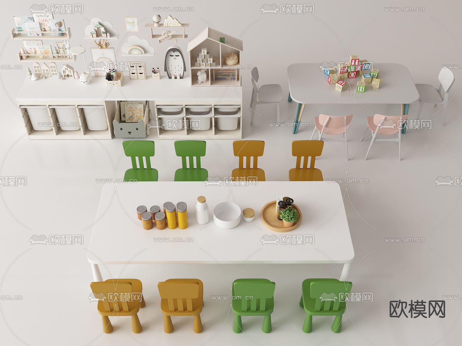 现代儿童柜 儿童桌椅su模型下载（渲染图1）