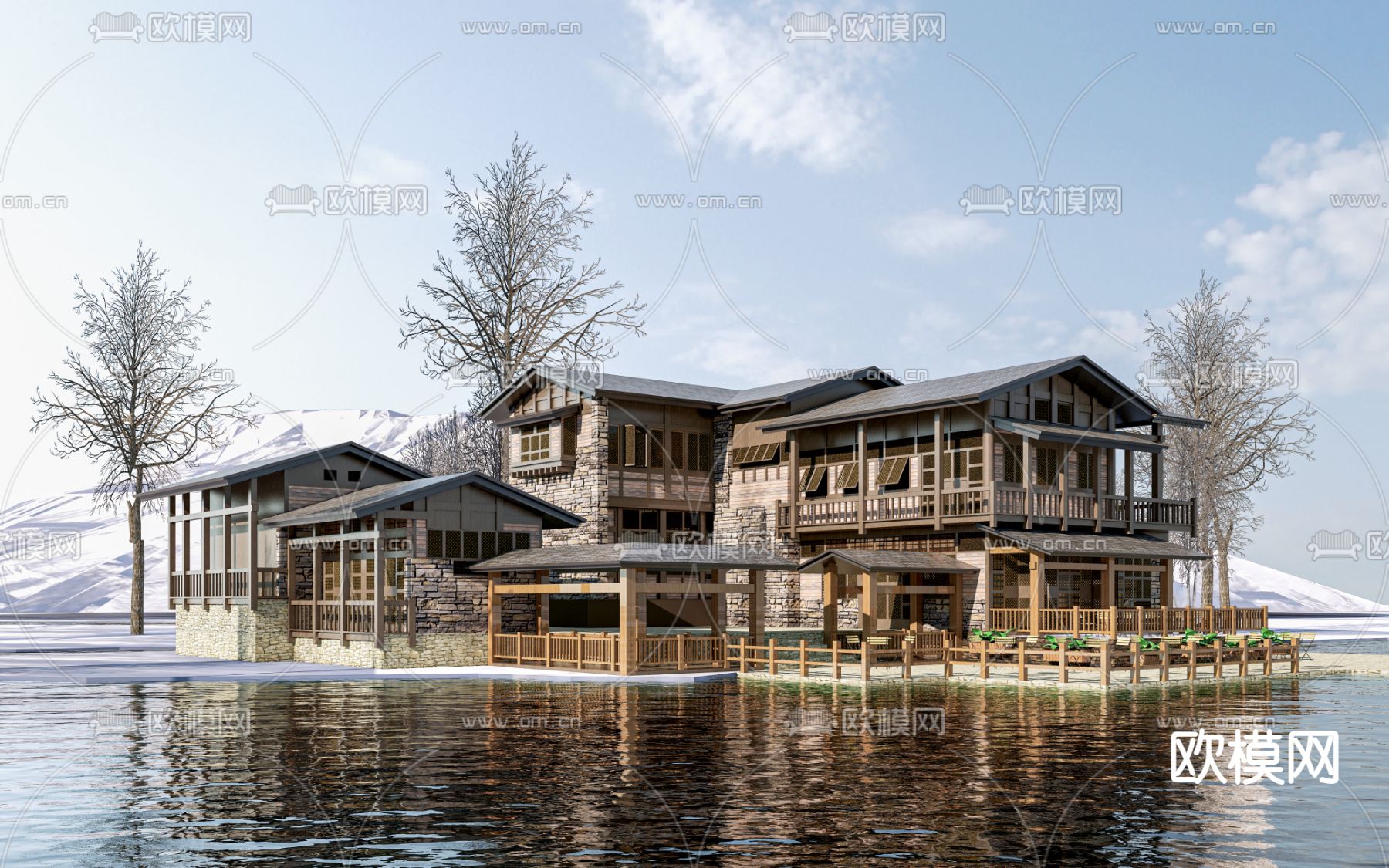 新中式古建筑 民房su模型下载（渲染图1）