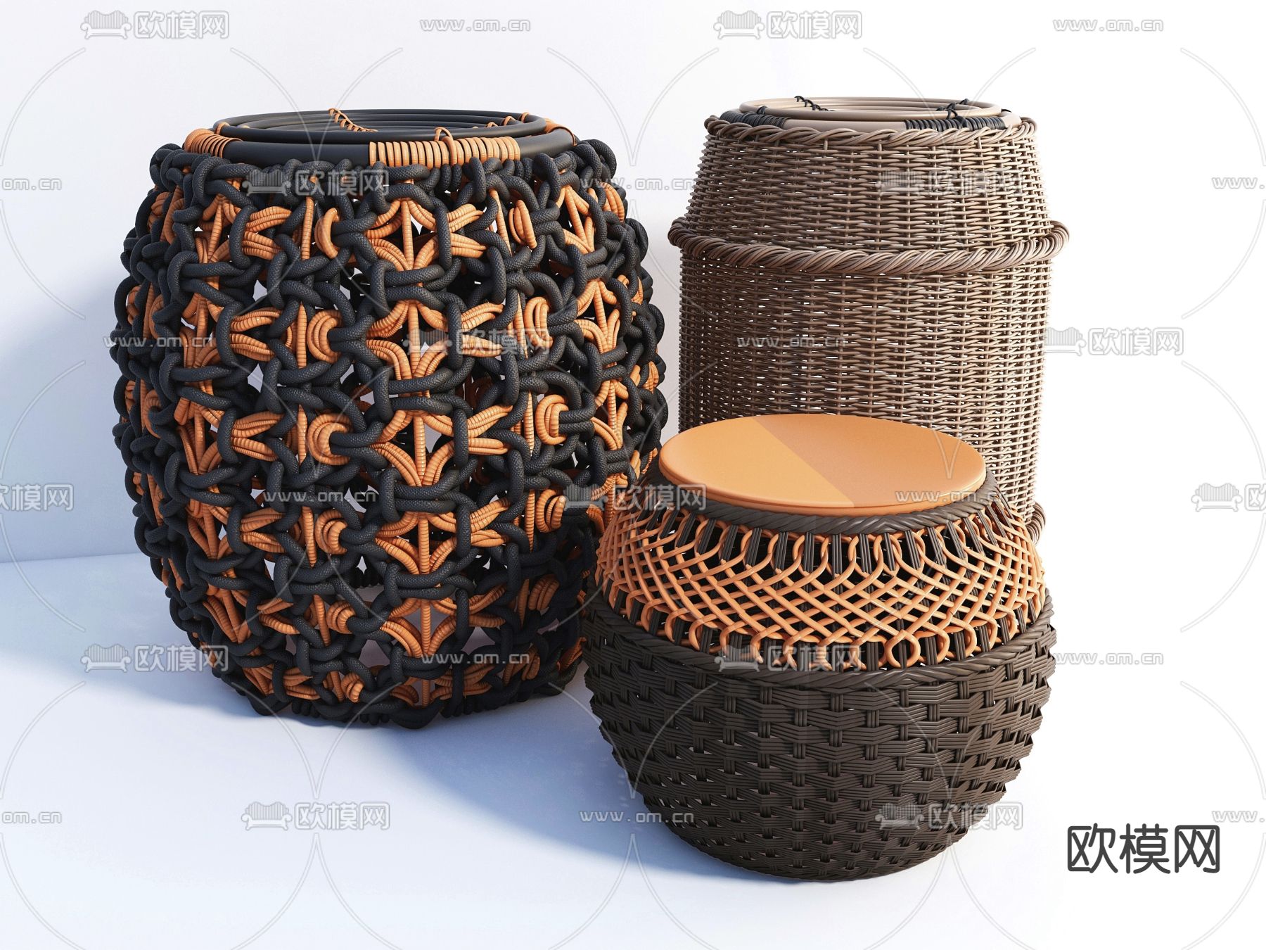 东南亚编织凳子 收纳篮su模型下载（渲染图1）