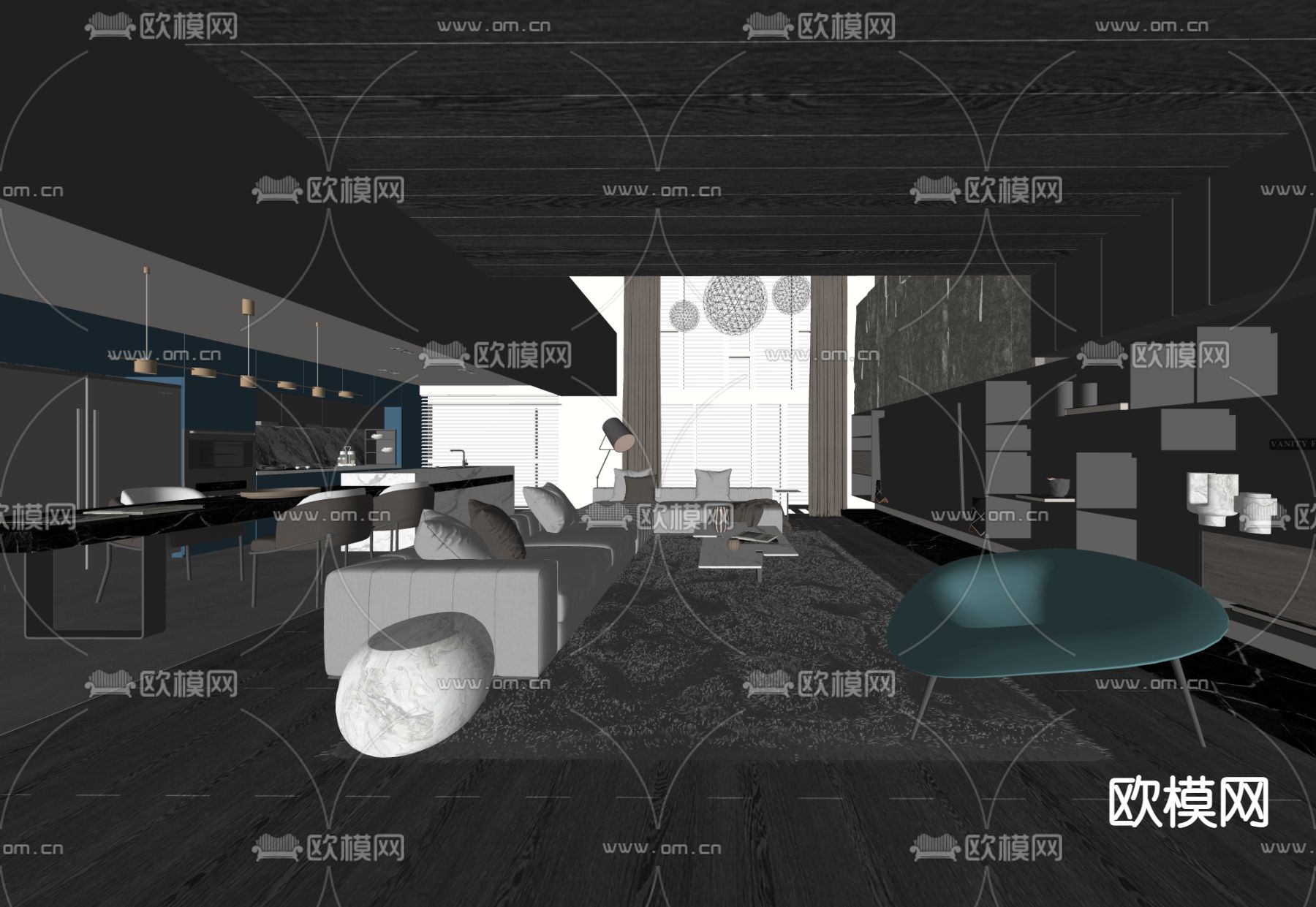 别墅客厅餐厅su模型下载（渲染图2）