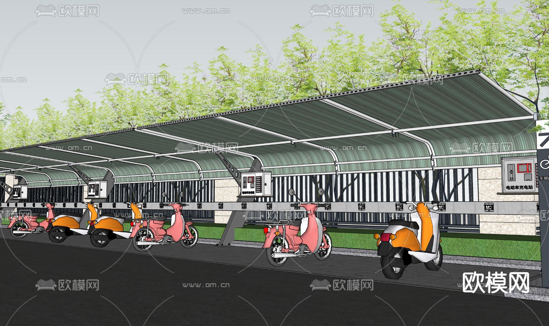 电动车停车场 车棚充电桩su模型下载（渲染图3）