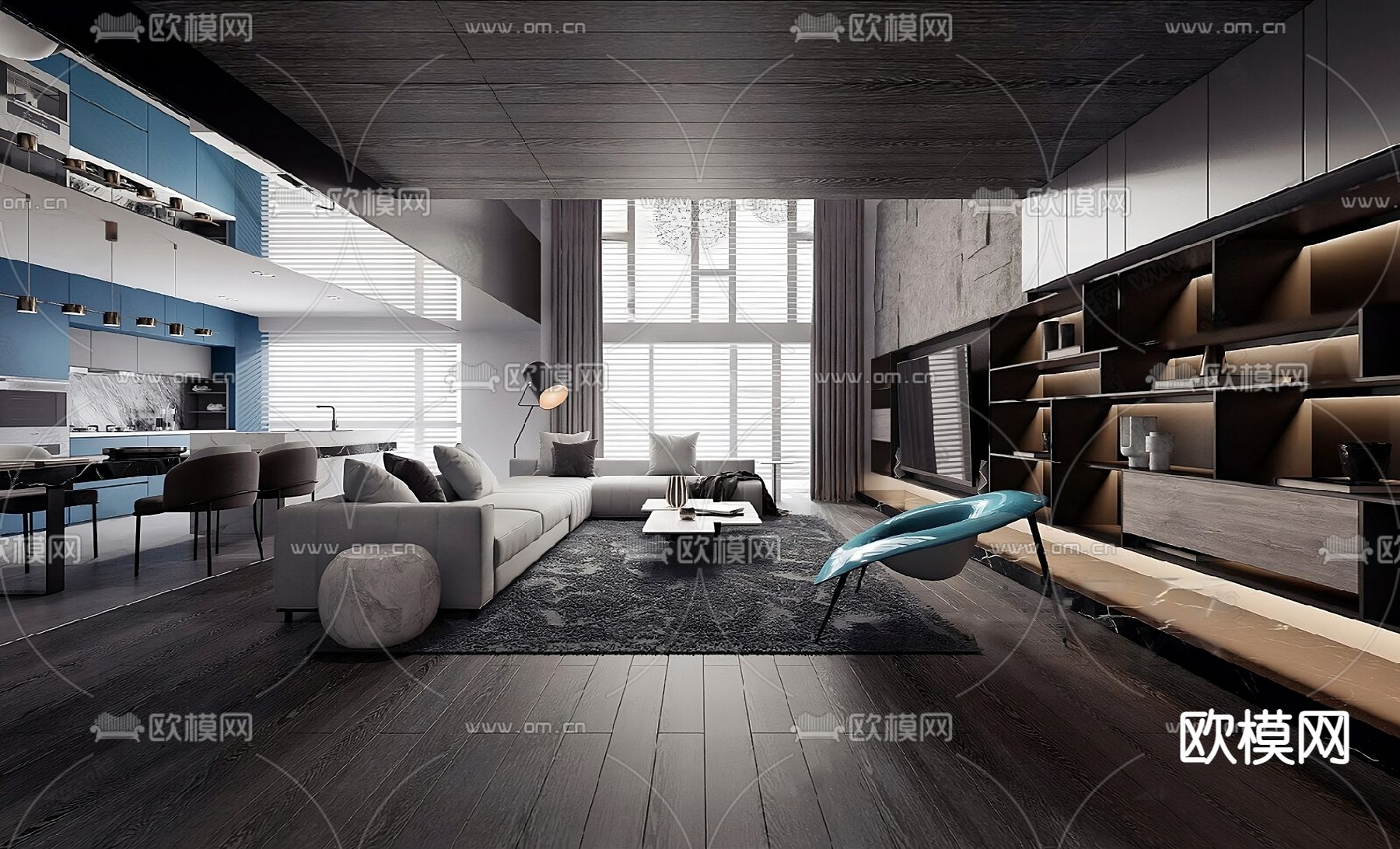 别墅客厅餐厅su模型下载（渲染图1）