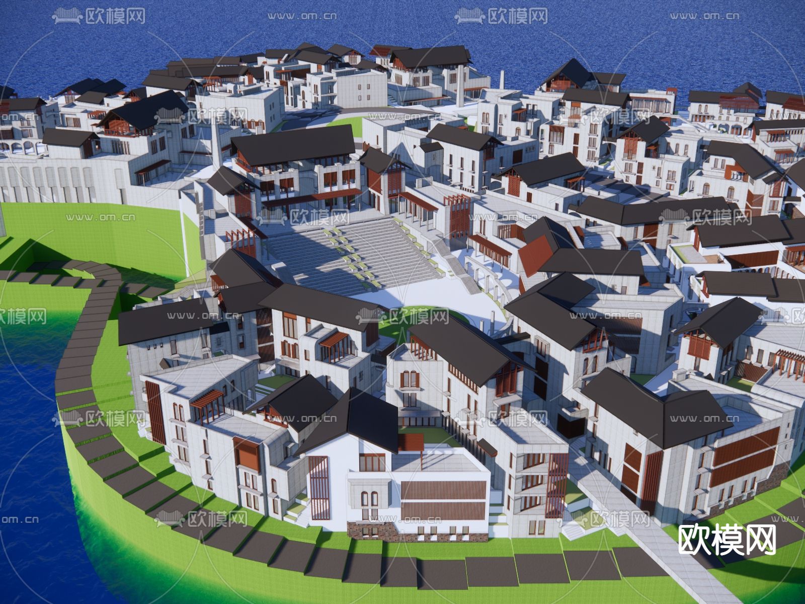 新中式建筑 度假村鸟瞰su模型下载（渲染图4）