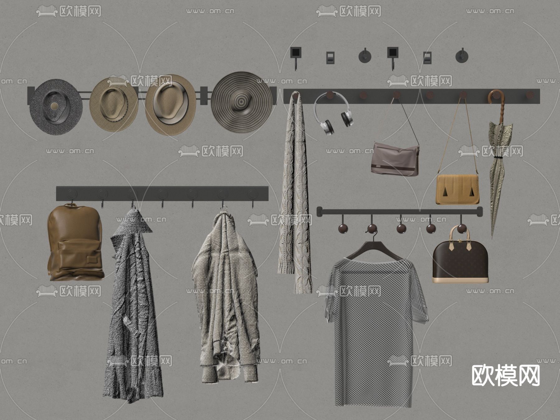 挂衣钩 衣服 包包 帽子 围巾su模型下载（渲染图2）