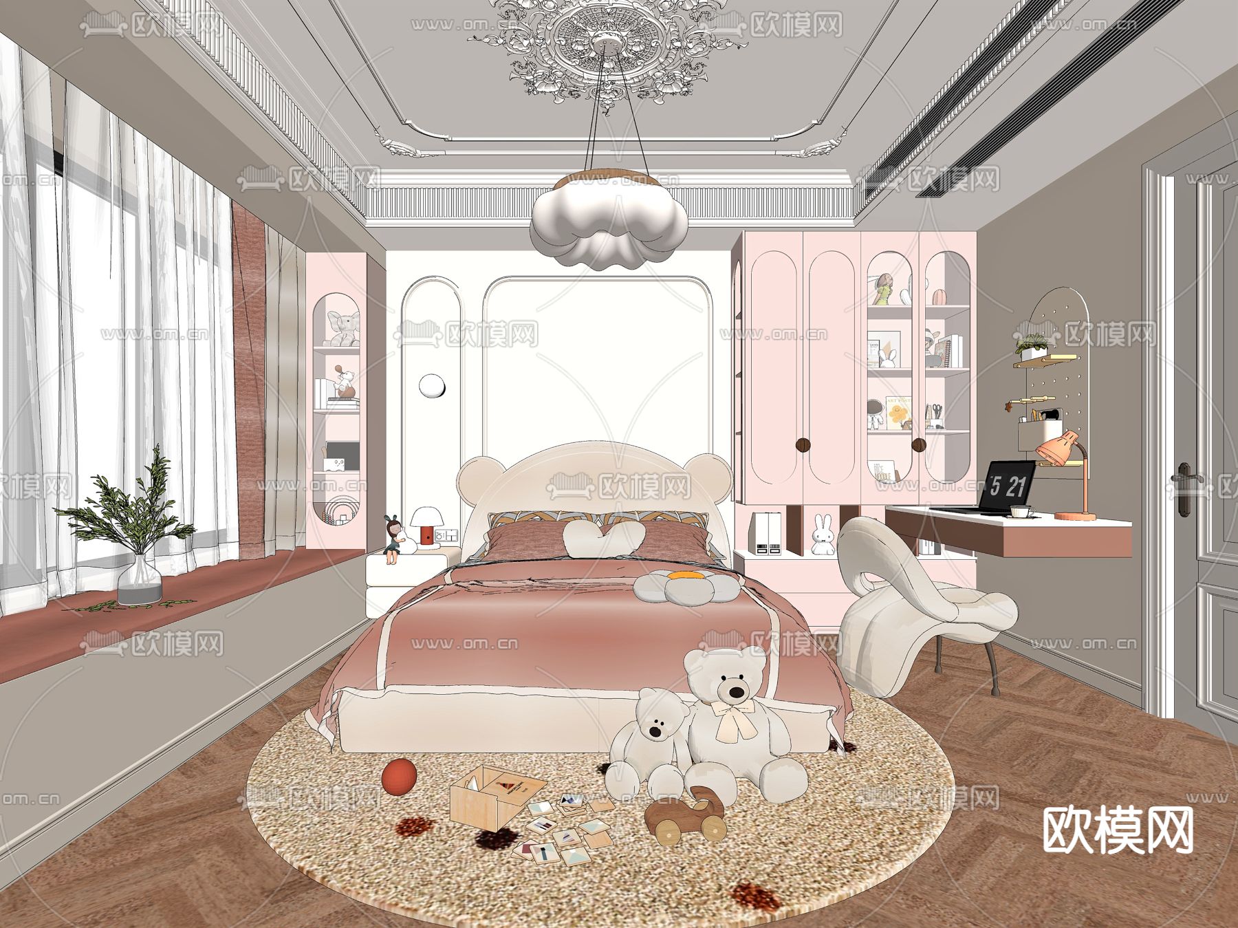 法式卧室 女孩房su模型下载（渲染图2）