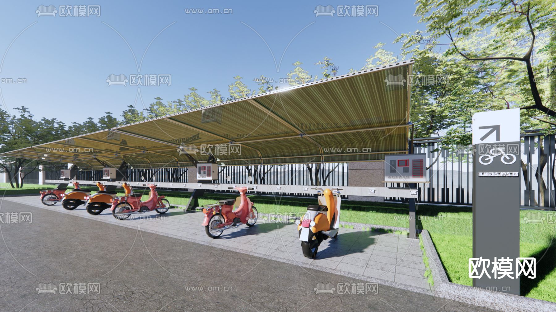 电动车停车场 车棚充电桩su模型下载（渲染图1）