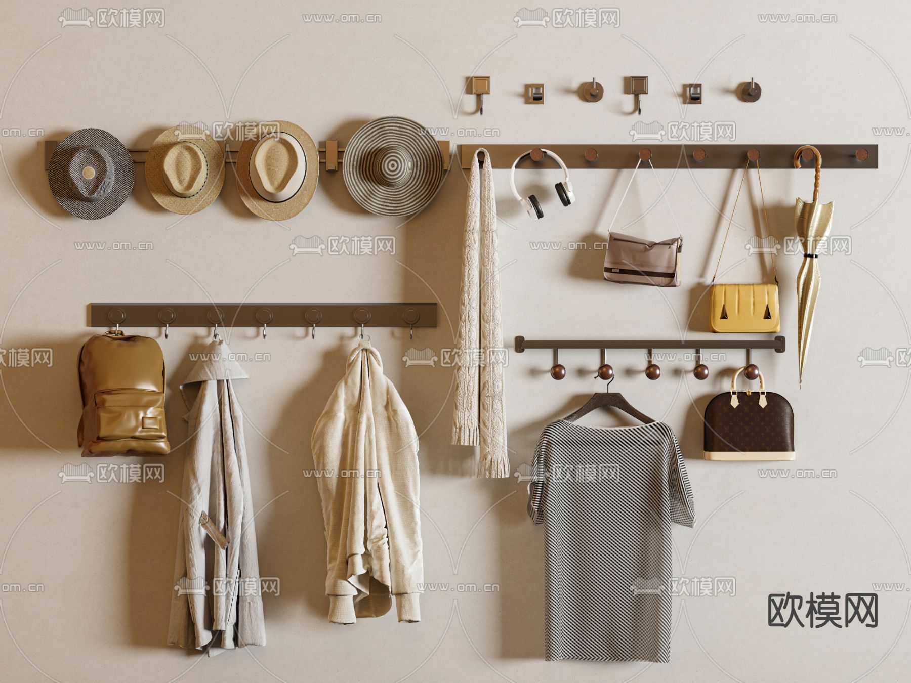 挂衣钩 衣服 包包 帽子 围巾su模型下载（渲染图1）