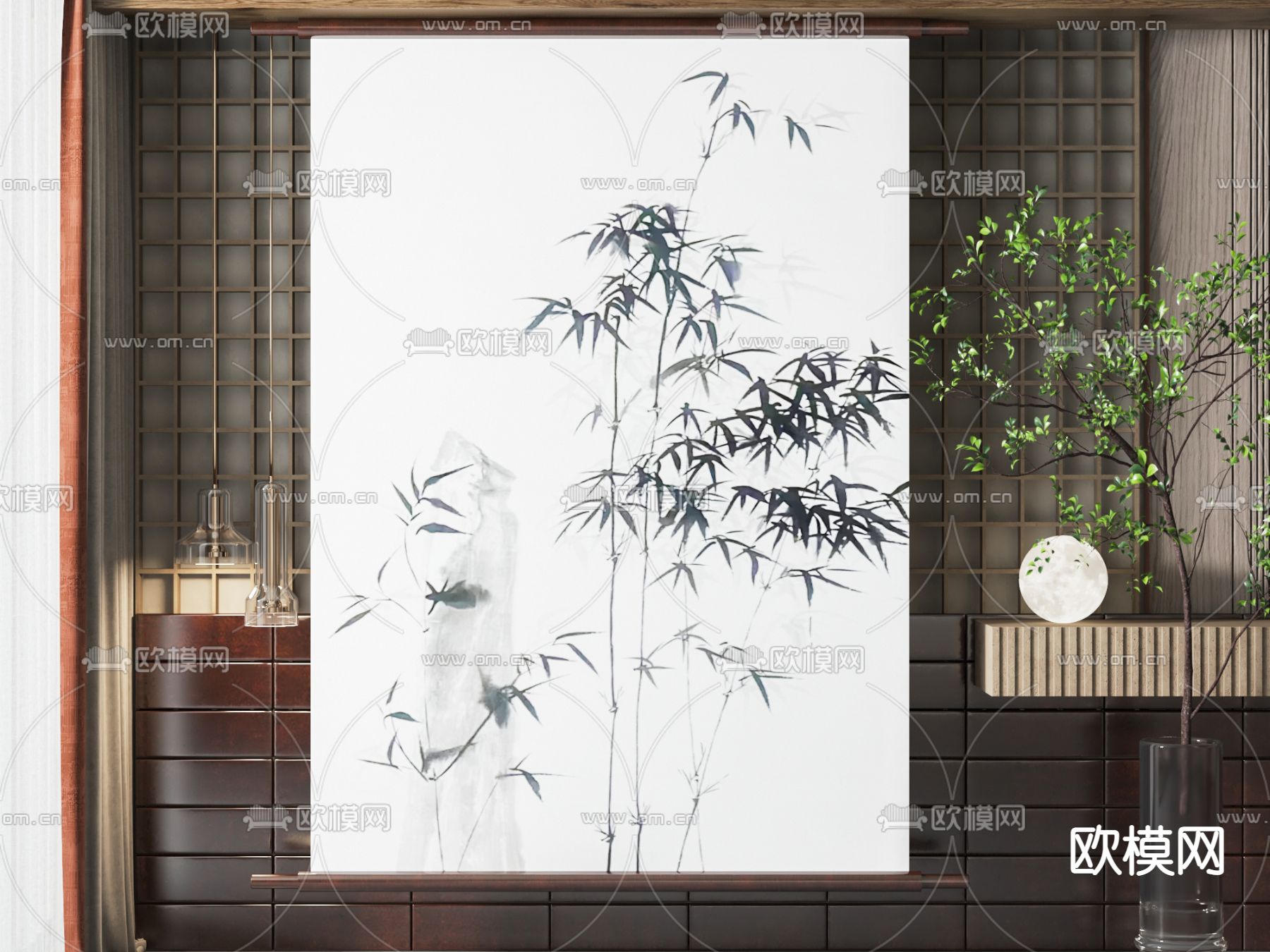 新中式卷帘 隔断3d模型下载