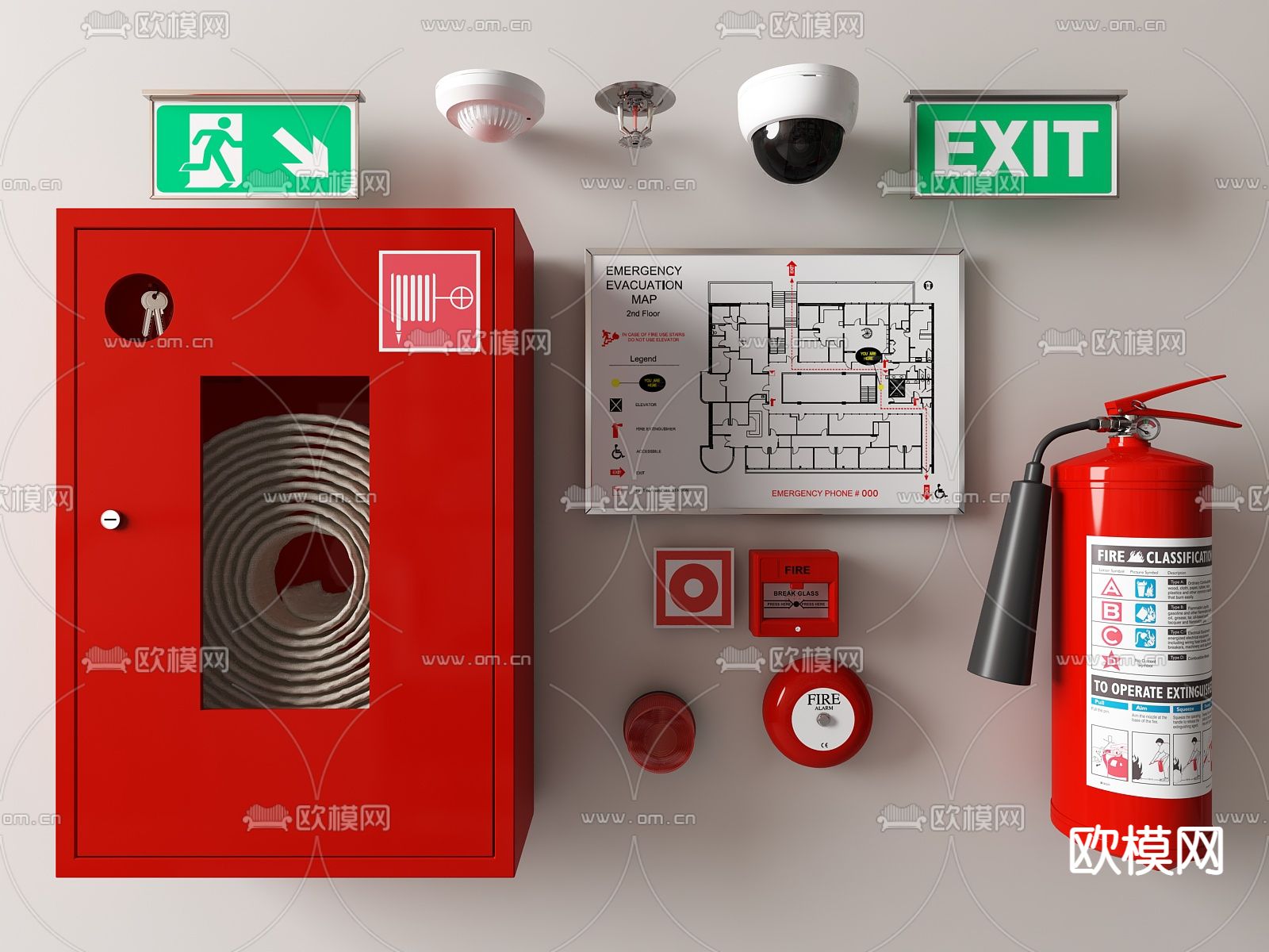 现代消防柜 灭火器su模型下载（渲染图1）